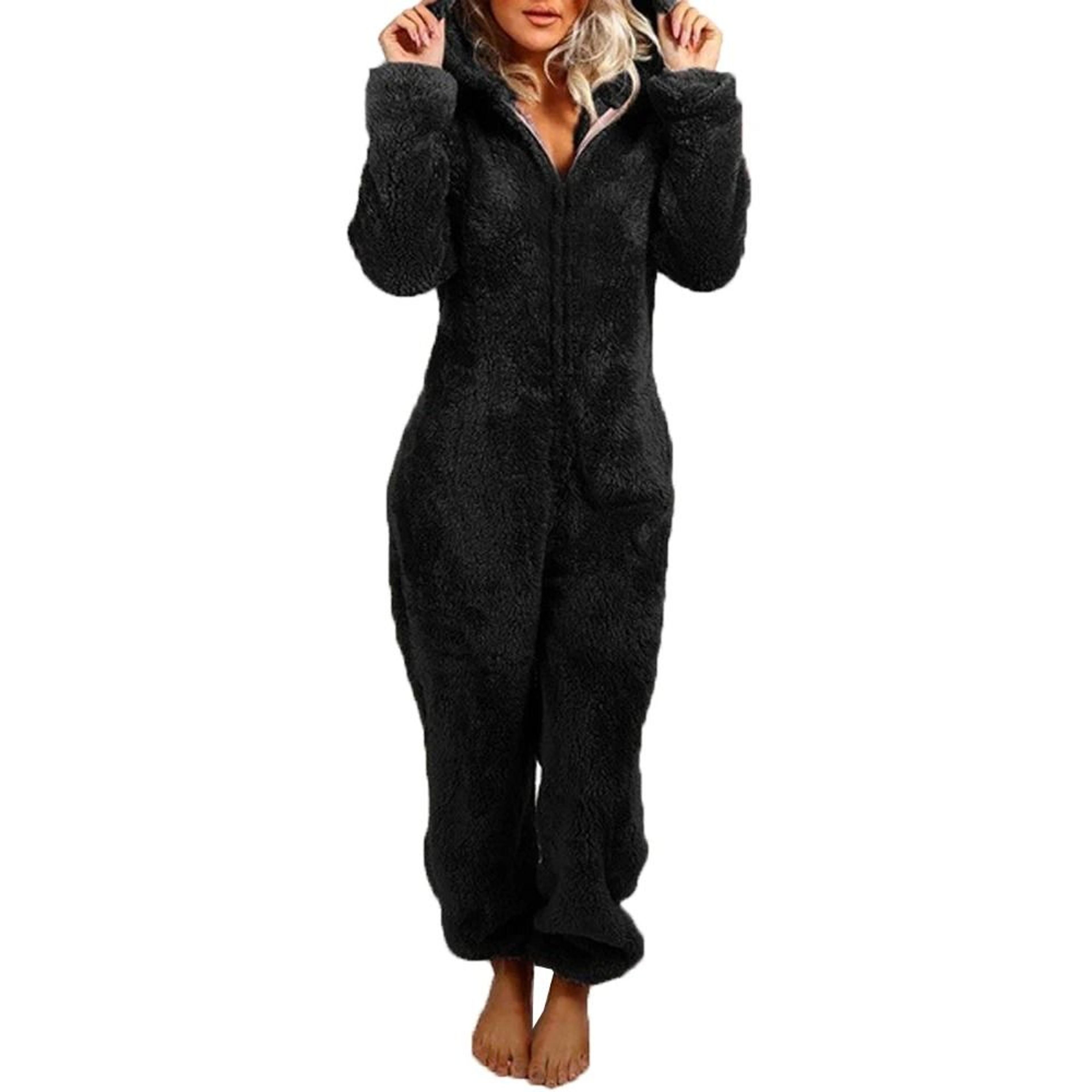 Womens Plush Flannel Pajama Romper Hooded Long Sleeve Winter Sleepwear Onesie 4
