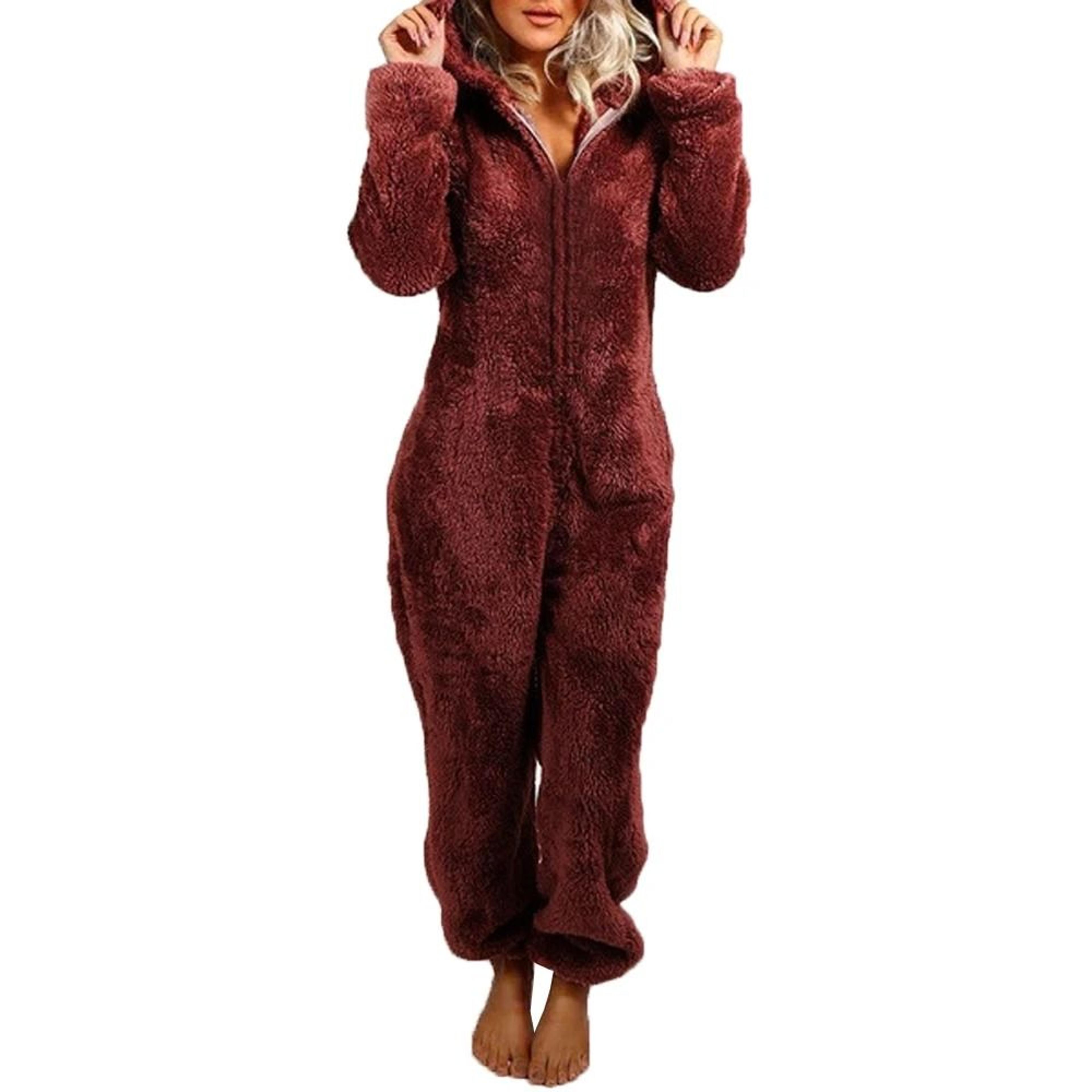 Womens Plush Flannel Pajama Romper Hooded Long Sleeve Winter Sleepwear Onesie 3