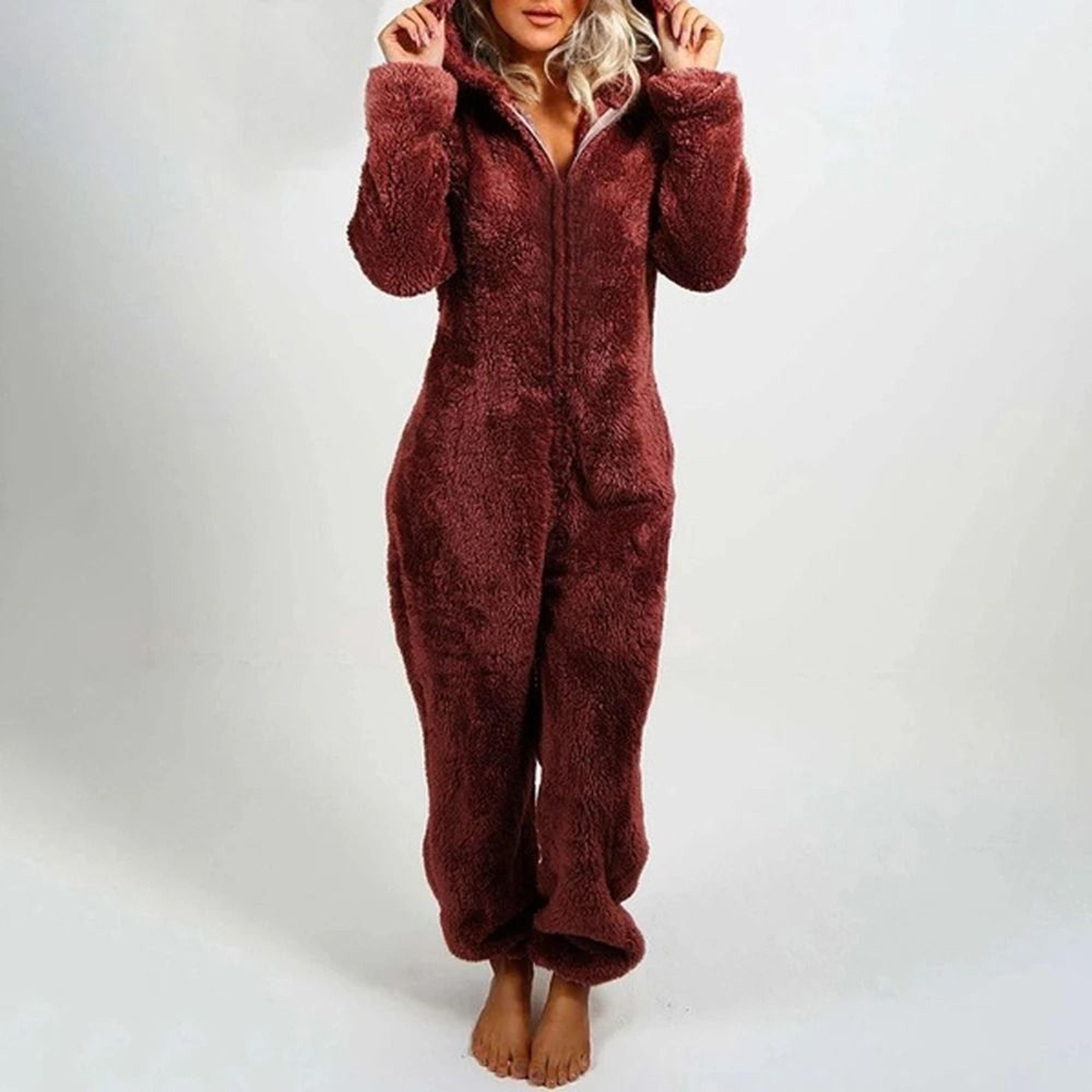 Womens Plush Flannel Pajama Romper Hooded Long Sleeve Winter Sleepwear Onesie 8