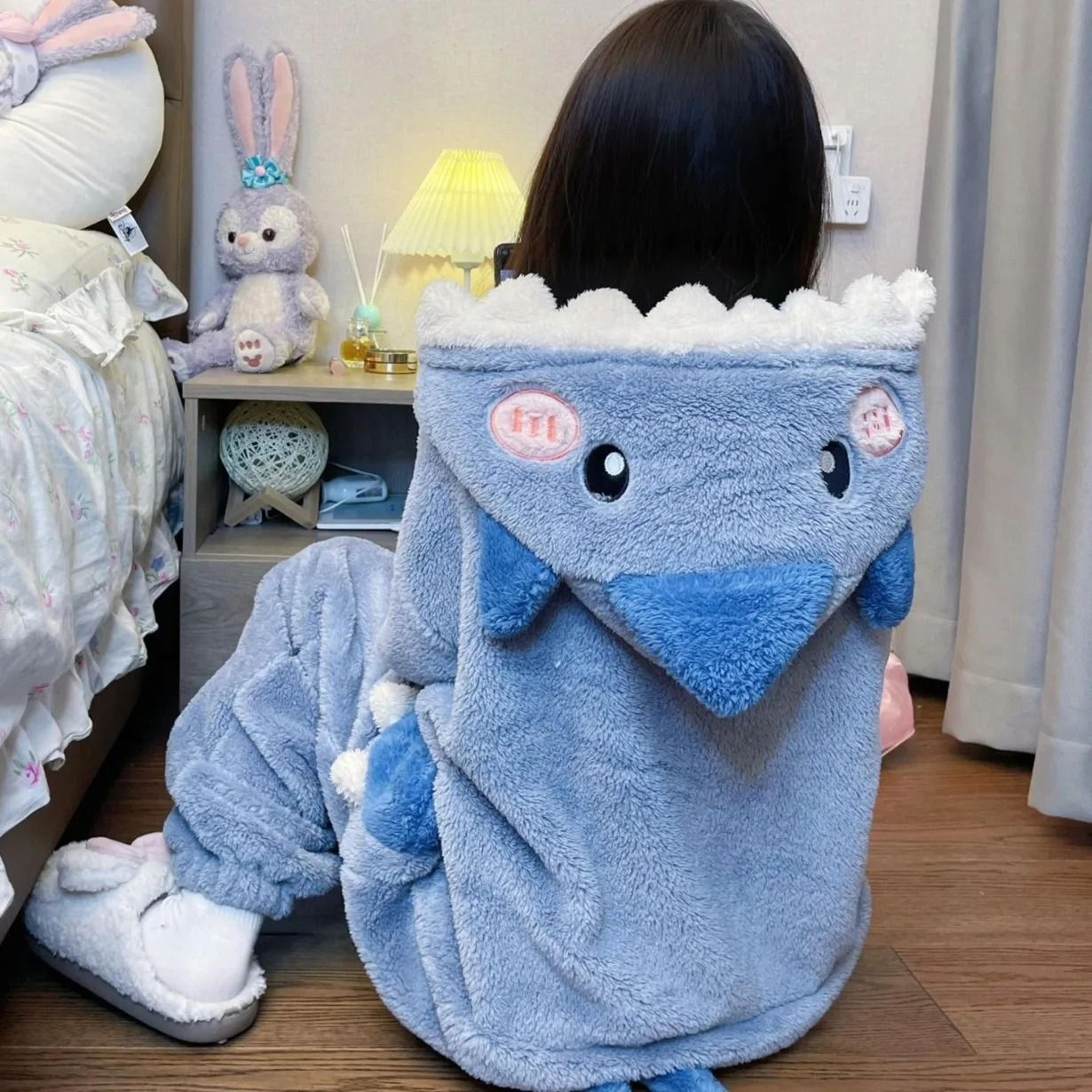Womens Cartoon Shark Kigurumi Pajamas Hooded Animal Onesie Sleepwear Winter Cosplay Jumpsuit 4