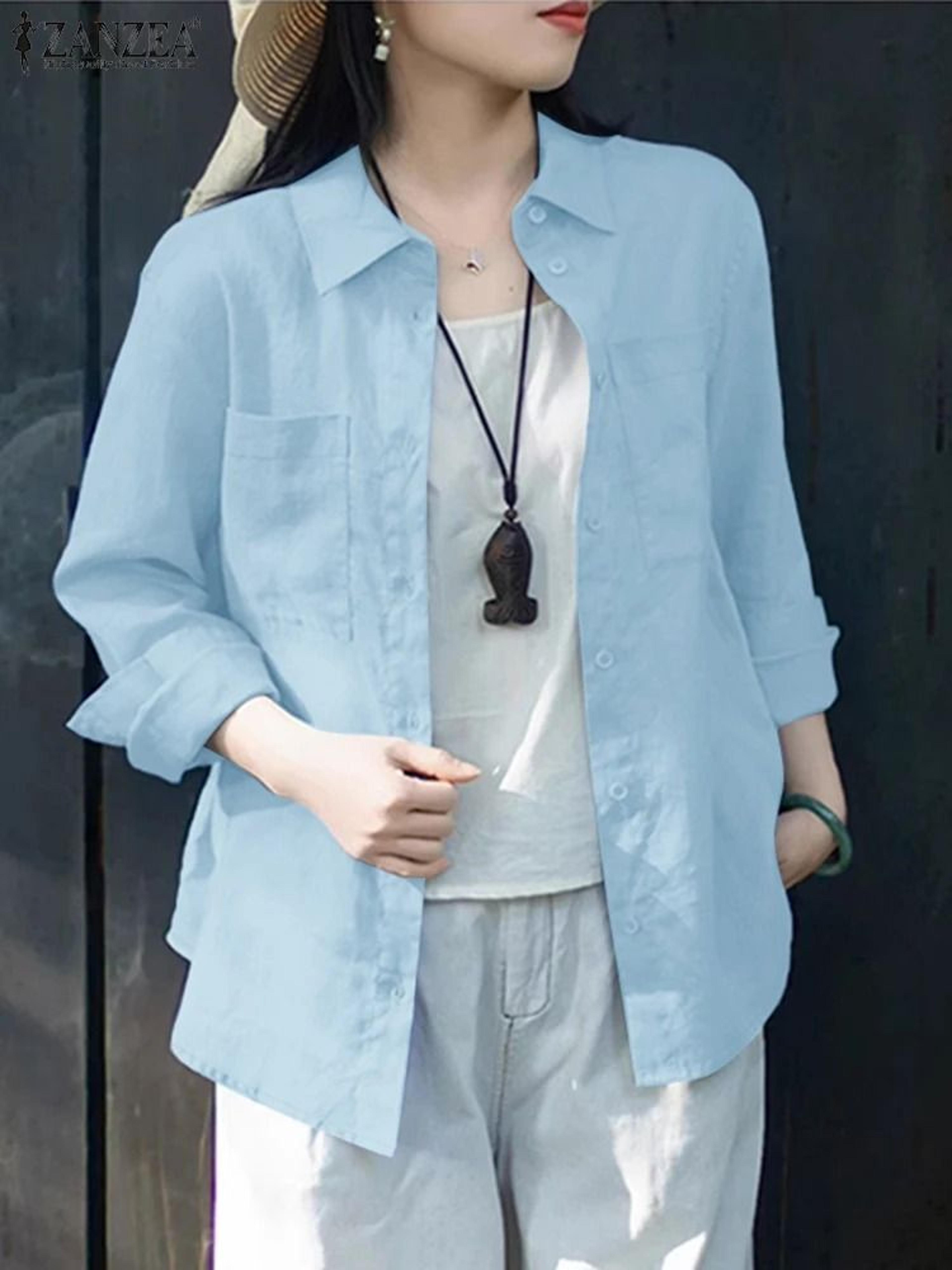 ZANZEA Womens Oversized Button Up Shirt Casual Long Sleeve Cotton Overshirt 15