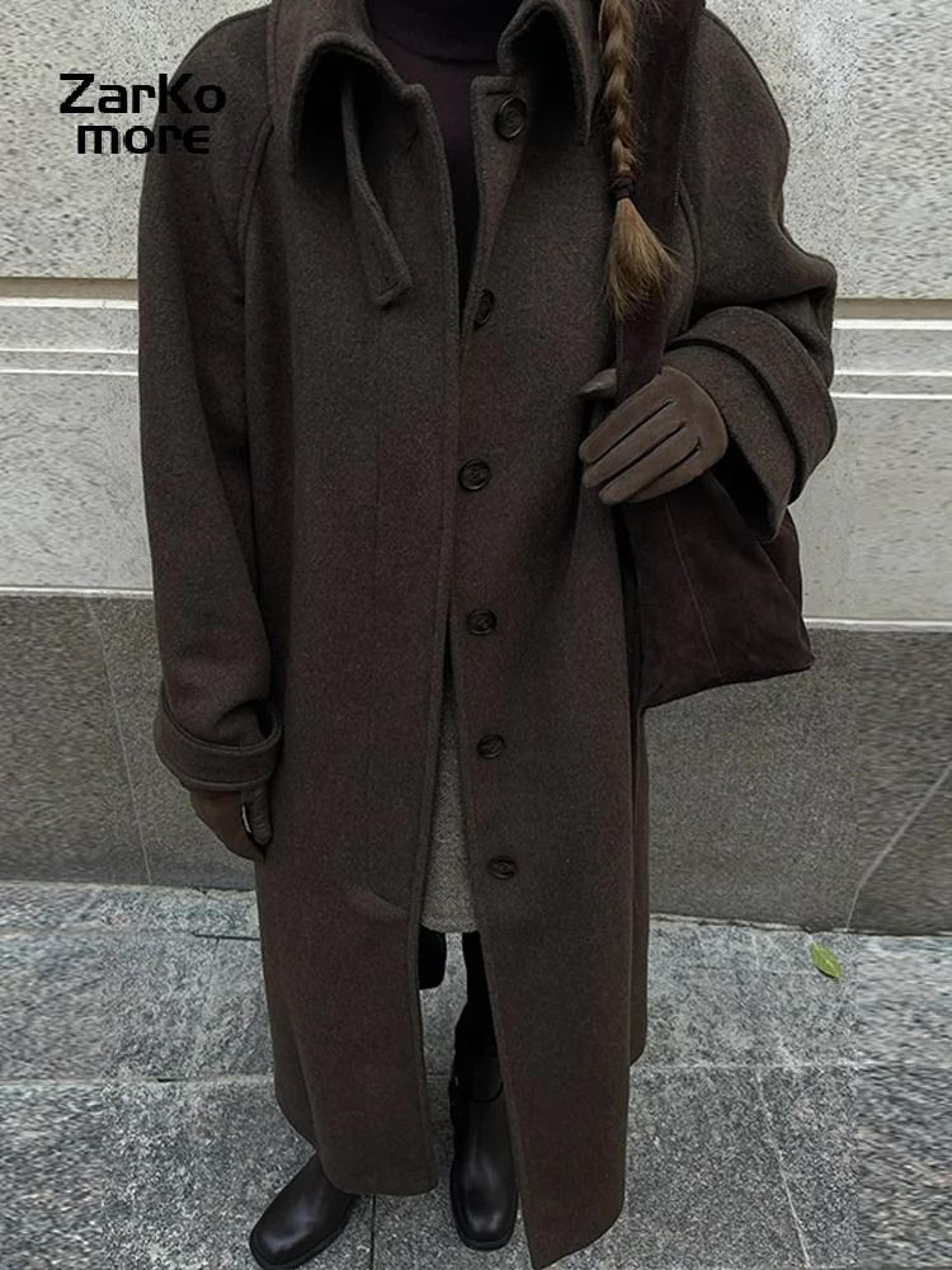 Elegant Womens Grey Belted Wool Coat Double Breasted Long Winter Peacoat 8