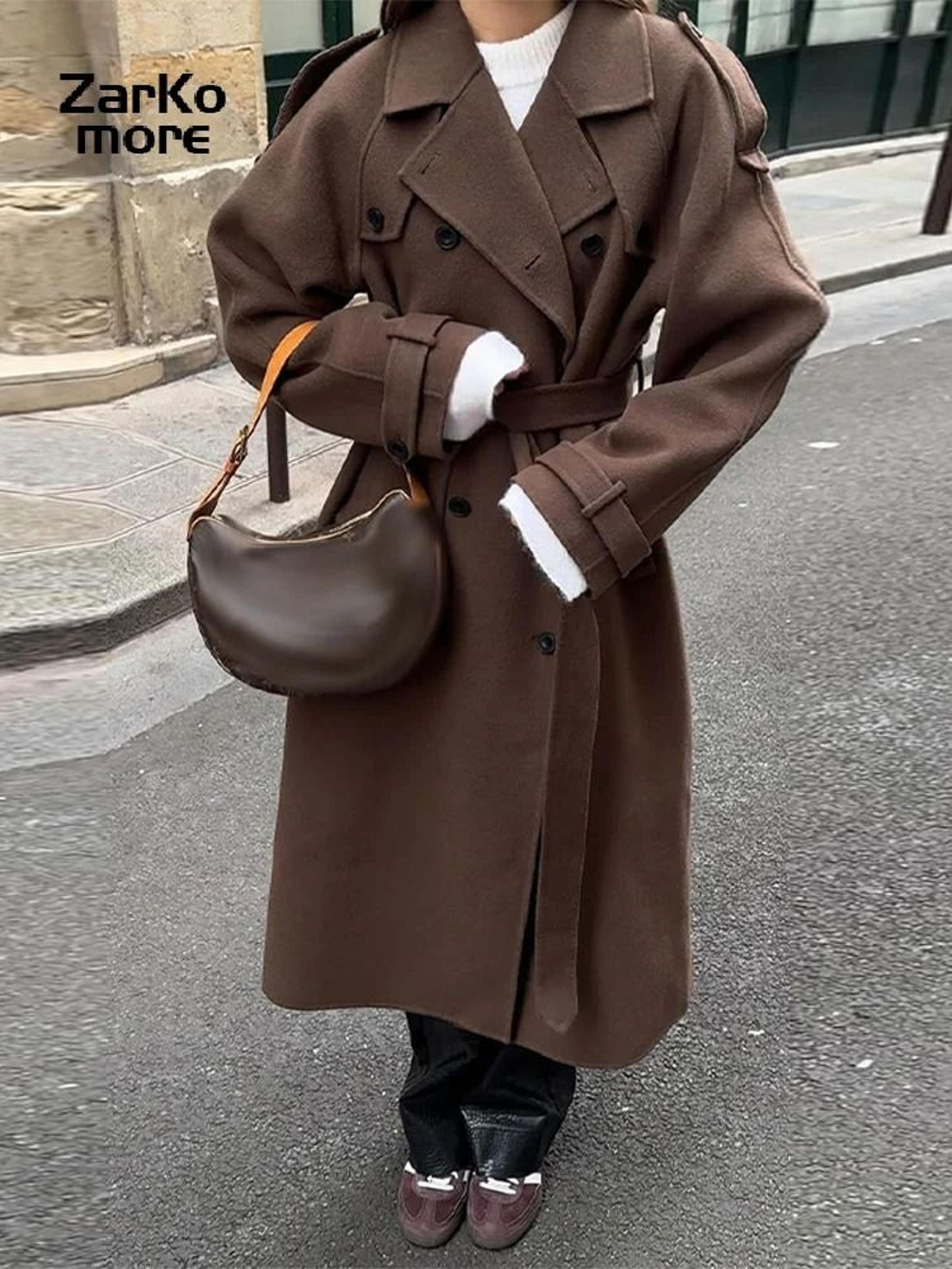 Elegant Womens Grey Belted Wool Coat Double Breasted Long Winter Peacoat 18