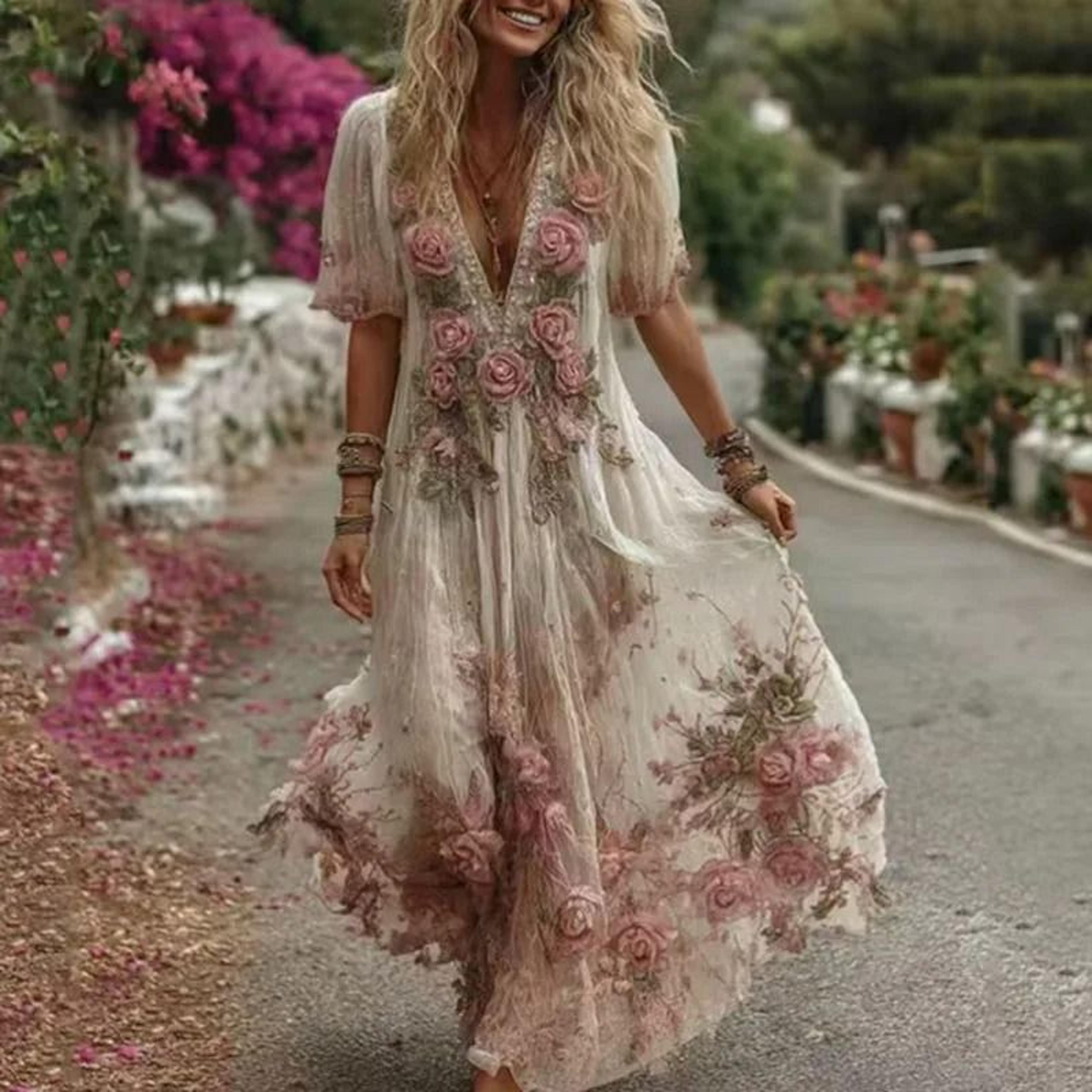 Bohemian Floral Maxi Dress Deep V Neck Pleated Summer Dress For Women 4