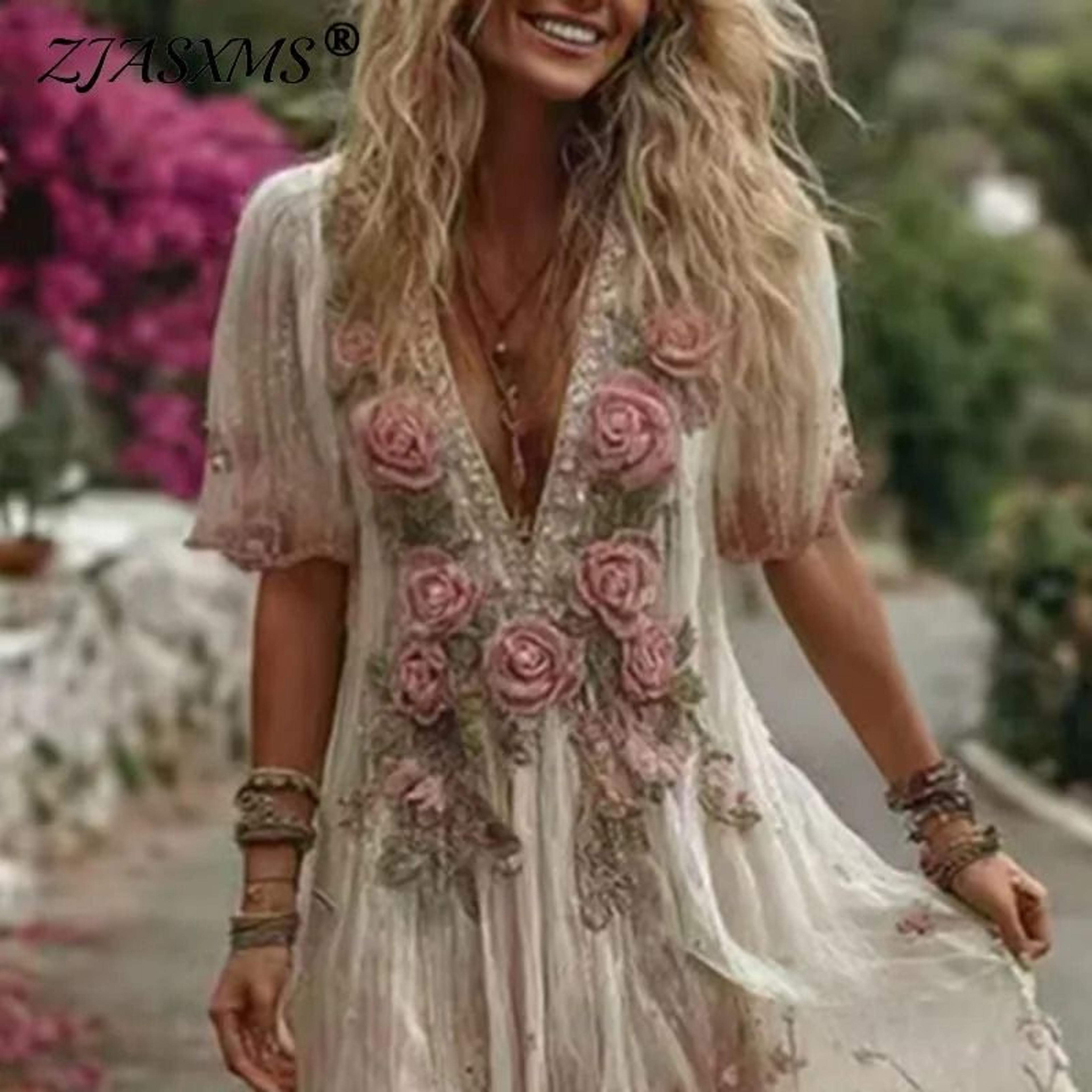 Bohemian Floral Maxi Dress Deep V Neck Pleated Summer Dress For Women 7