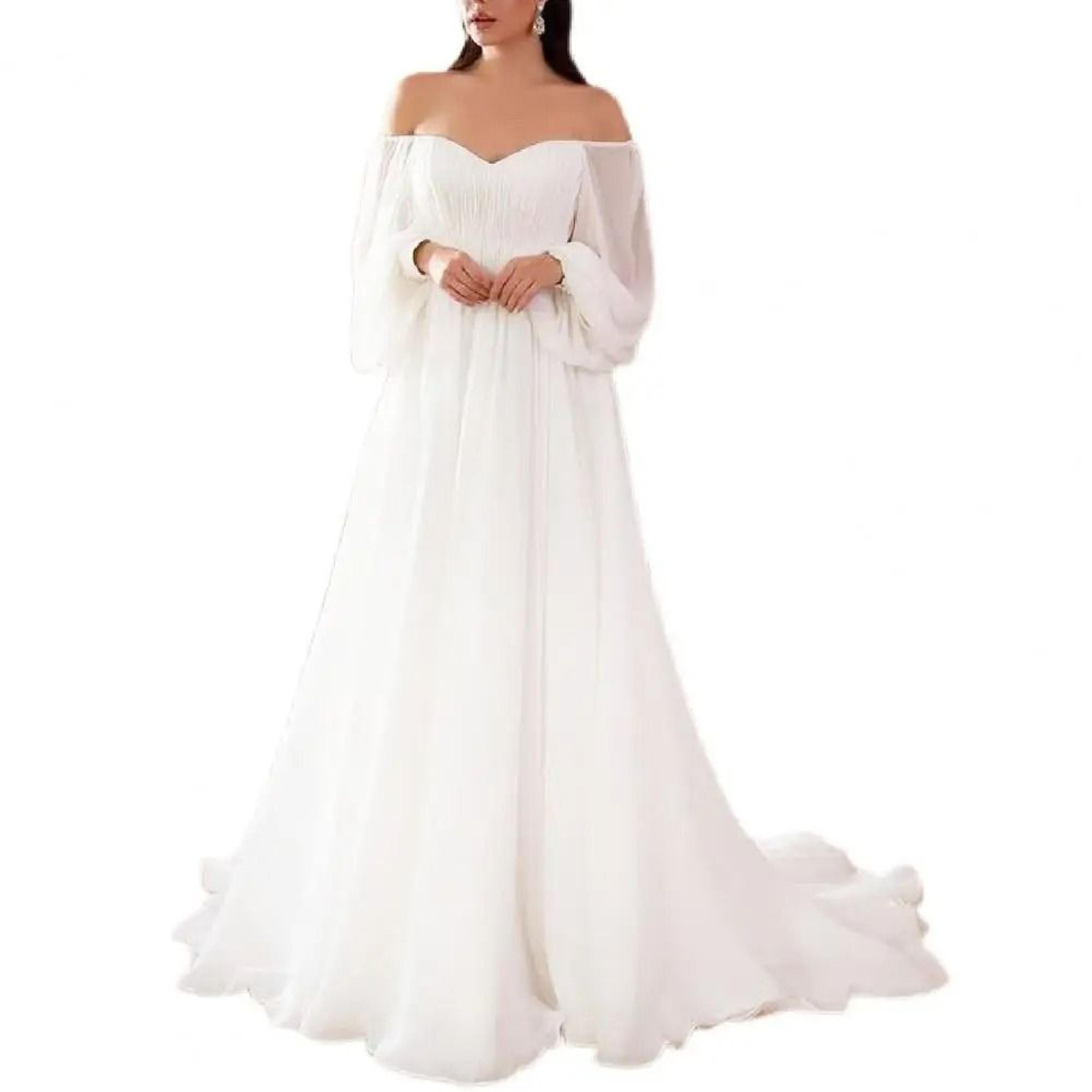 Elegant Off Shoulder Lace Maxi Dress Womens White Evening Gown Long Sleeve Party Dress 3