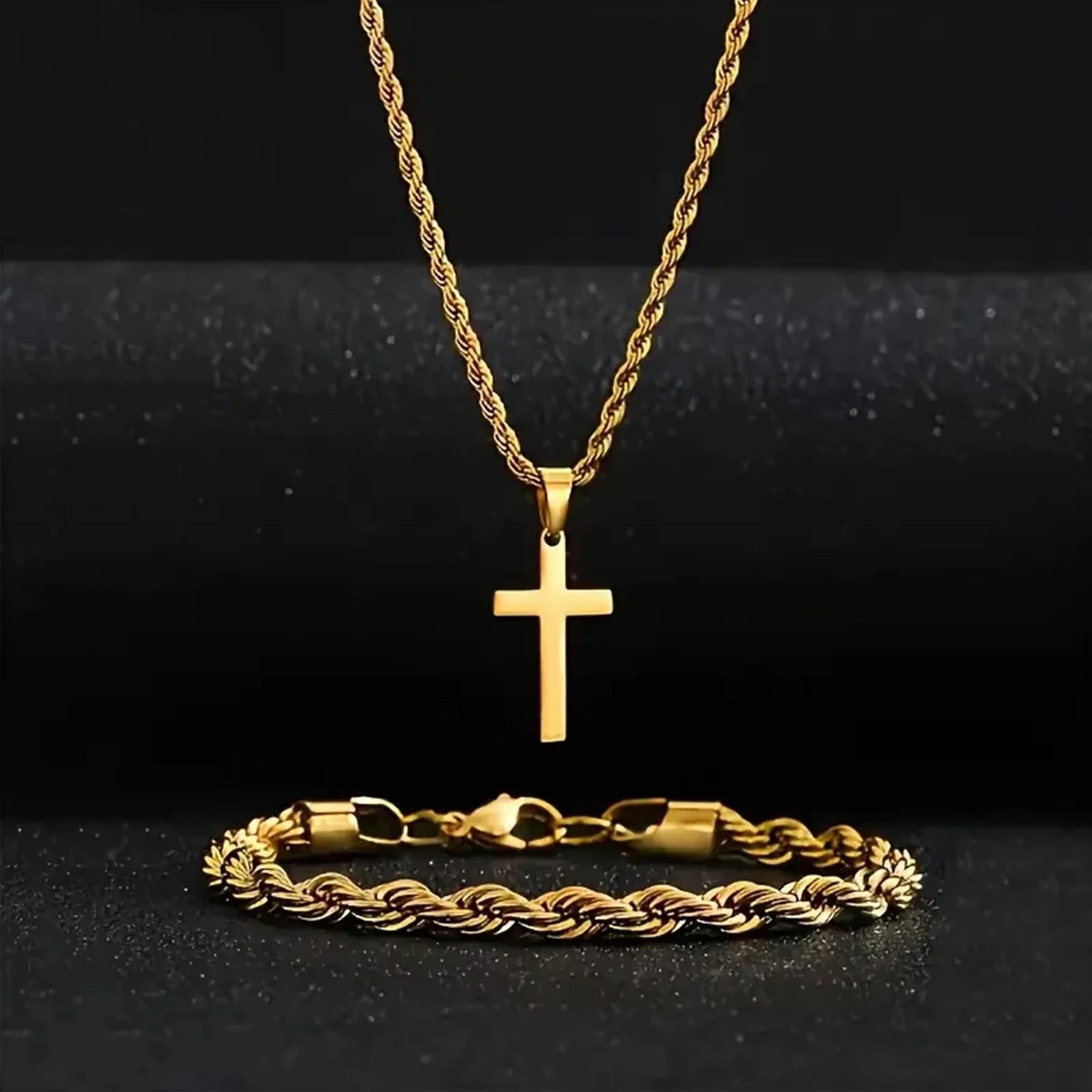Twisted Rope Cross Necklace And Bracelet Set Stainless Steel Faith Jewelry 1