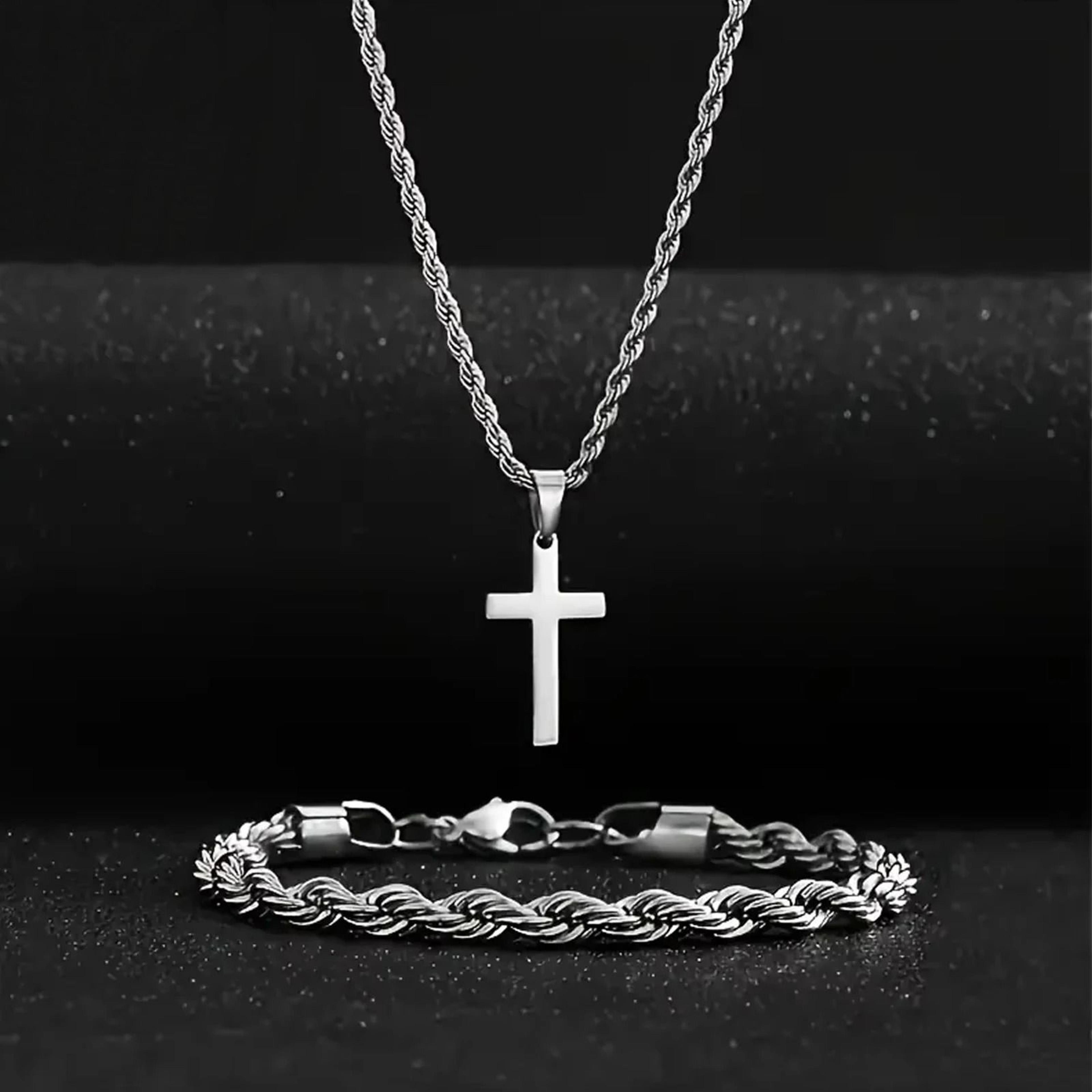 Twisted Rope Cross Necklace And Bracelet Set Stainless Steel Faith Jewelry 4