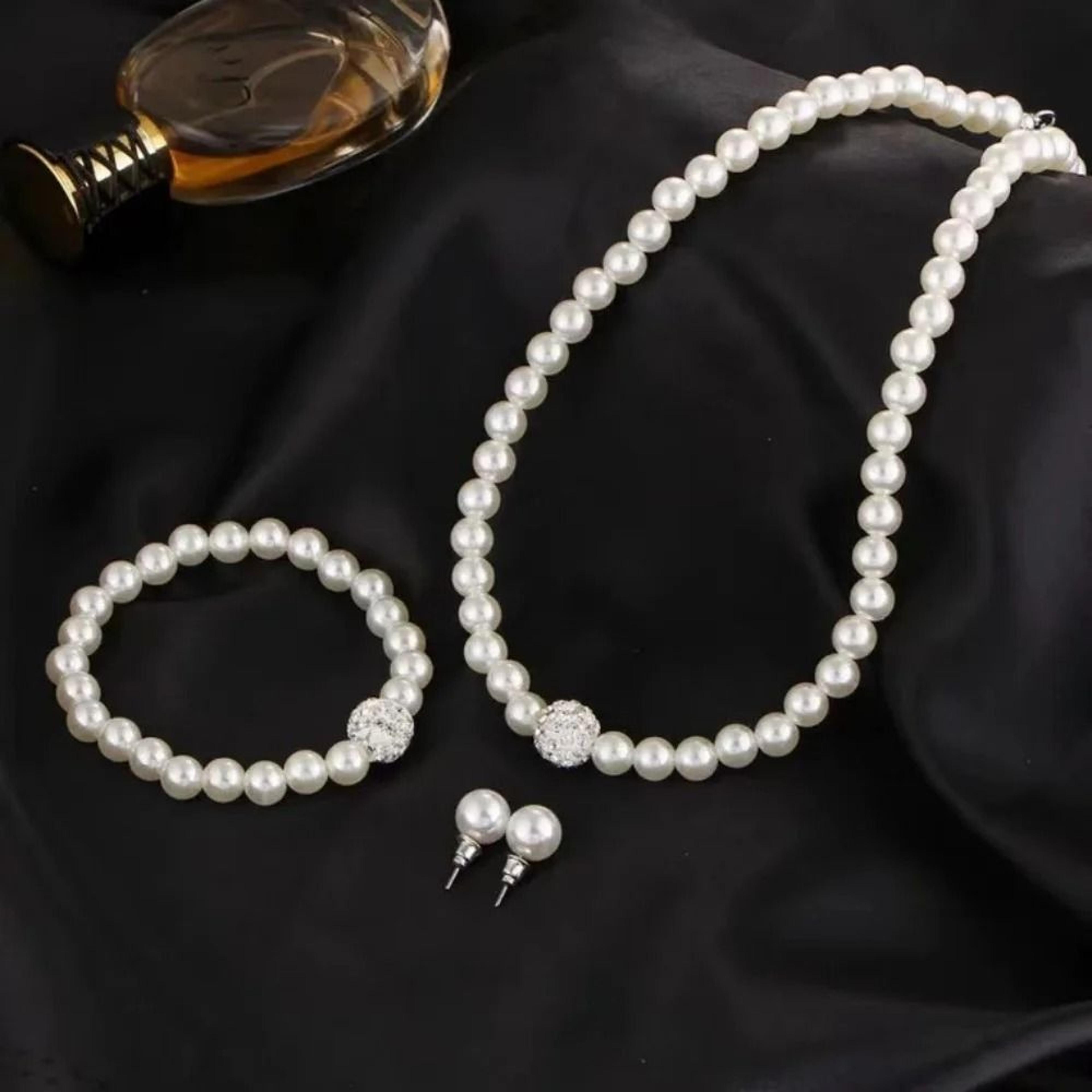 Elegant Pearl Bridal Jewelry Set Necklace Bracelet Earrings Crystal Accent 3