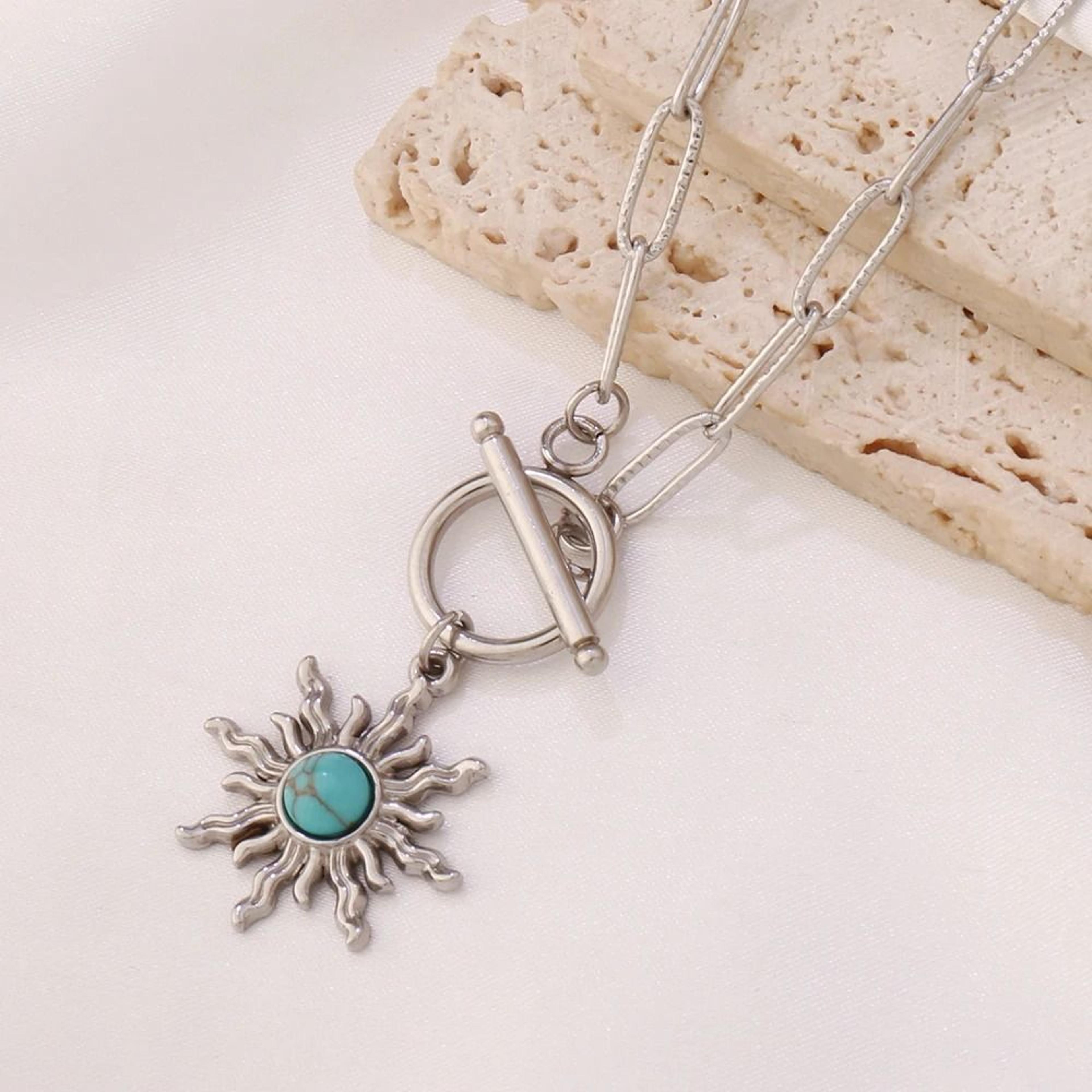 Sun Pendant Necklace Gold Turquoise Charm Stainless Steel Clavicle Chain 2