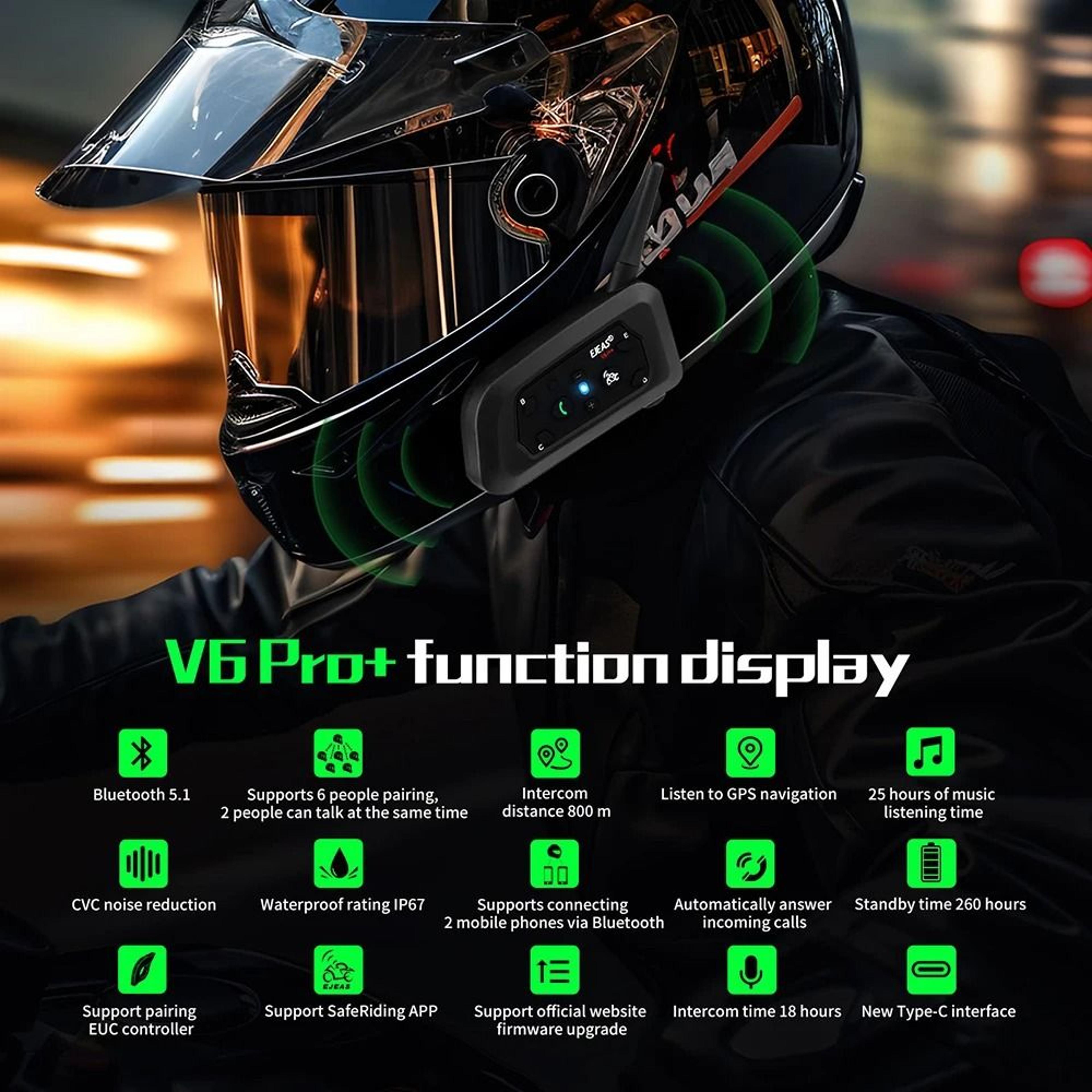 EJEAS V6 Pro Plus Motorcycle Helmet Intercom Bluetooth Communication System For 6 Riders 8