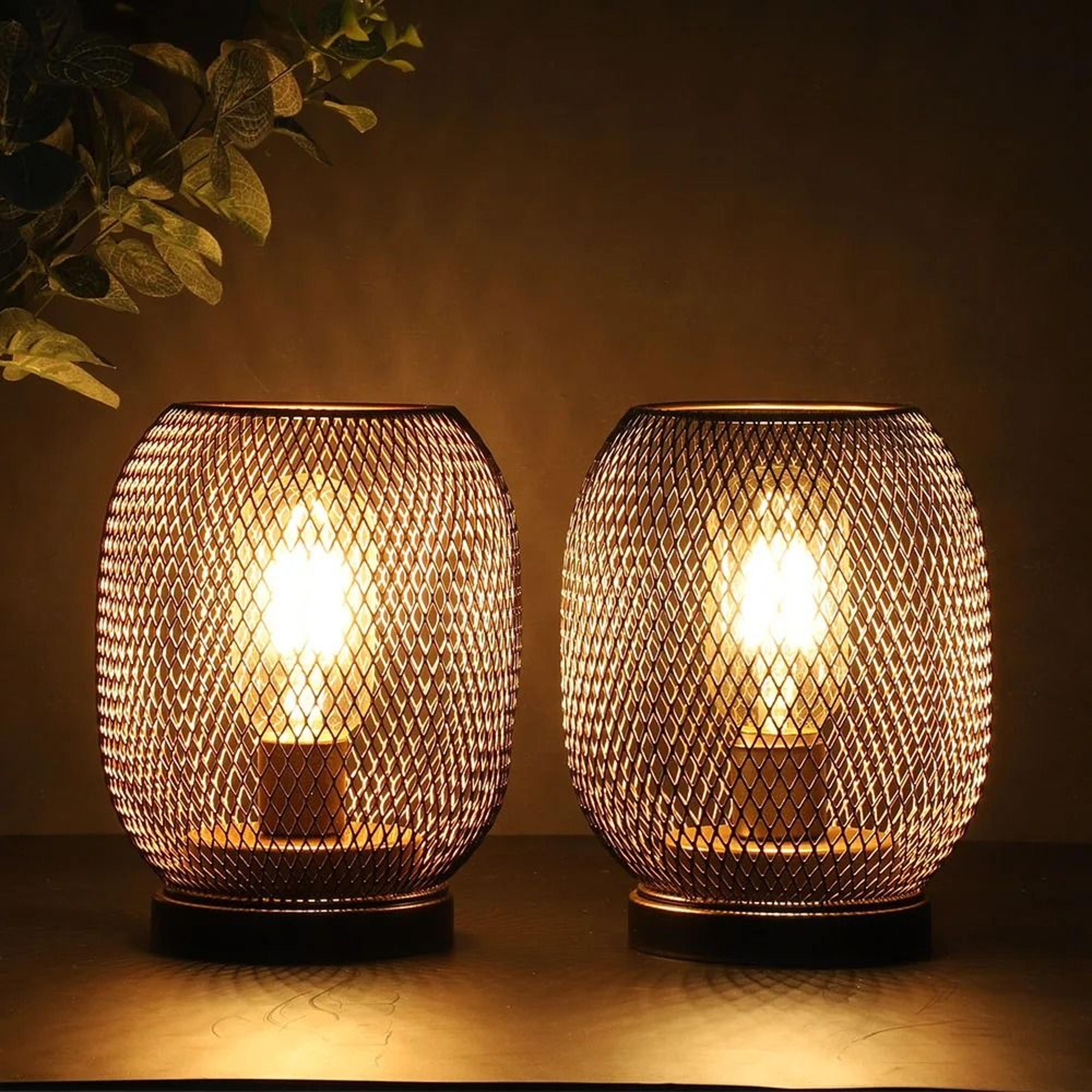 LED Lantern Table Lamp Set Metal Cage Cordless Decorative Light 9