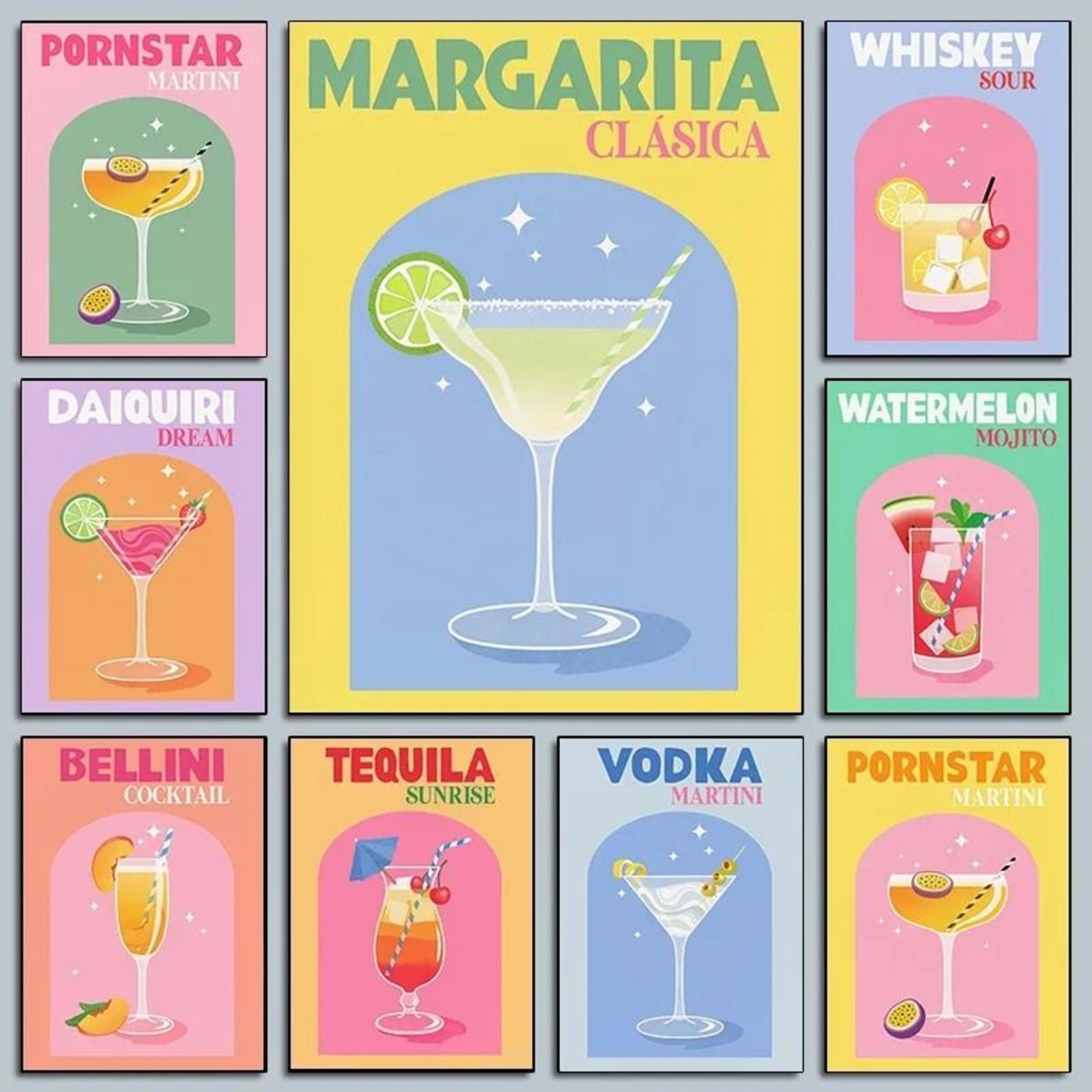 colorful cocktail wall art canvas modern bar cart prints decor
