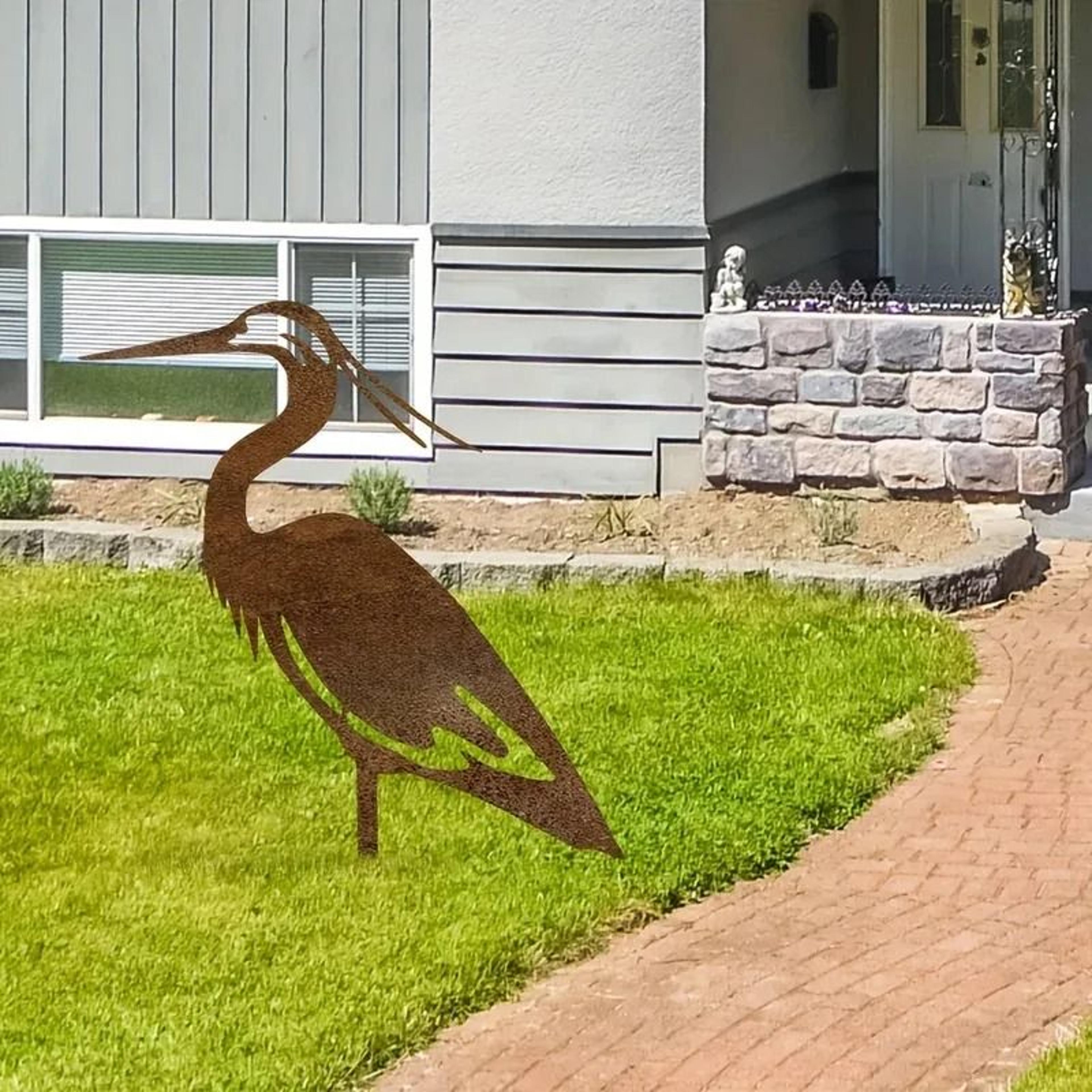 metal crane garden statue rusted heron outdoor yard art sculpture