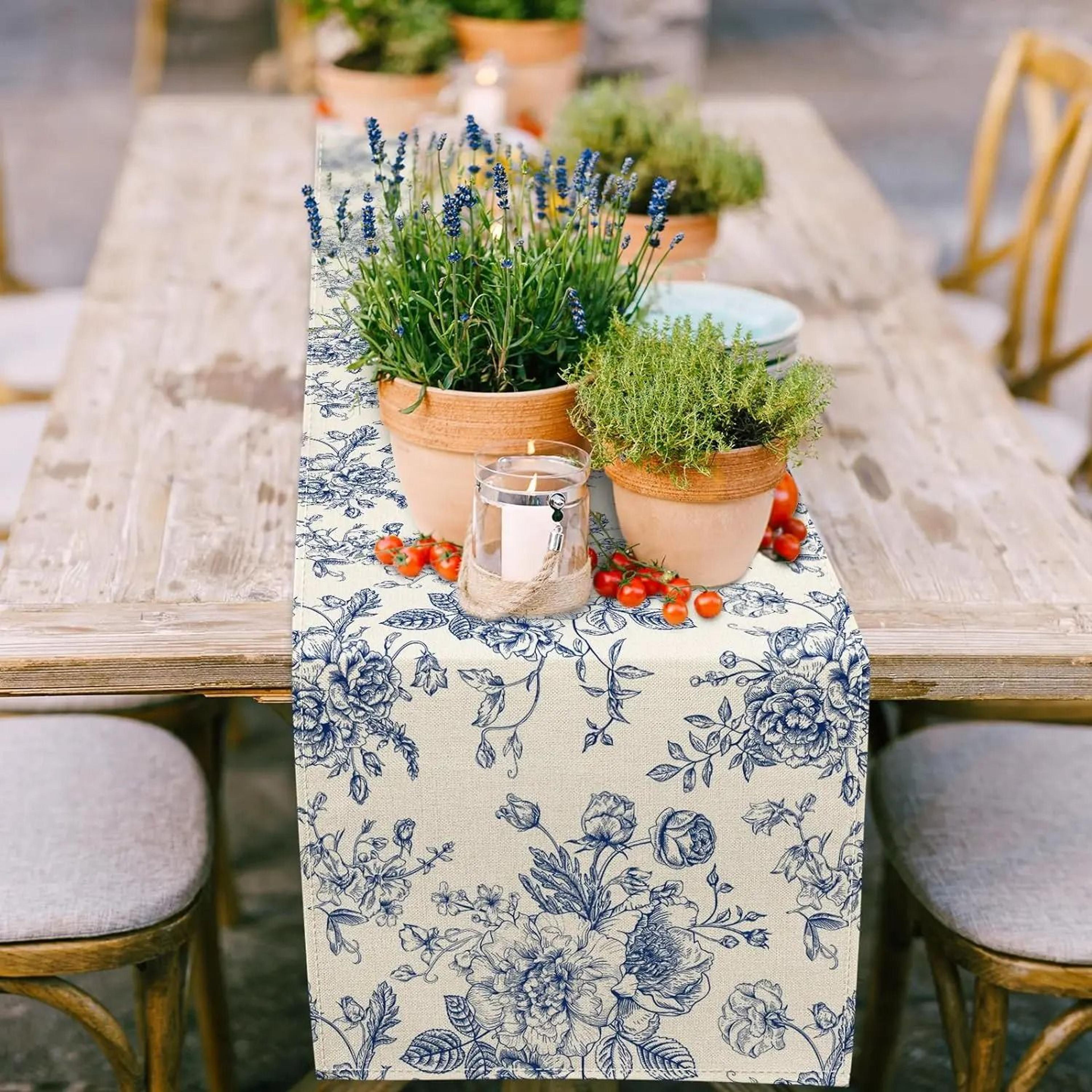Chinoiserie Blue Floral Linen Table Runner Elegant Dining Table Decor 9