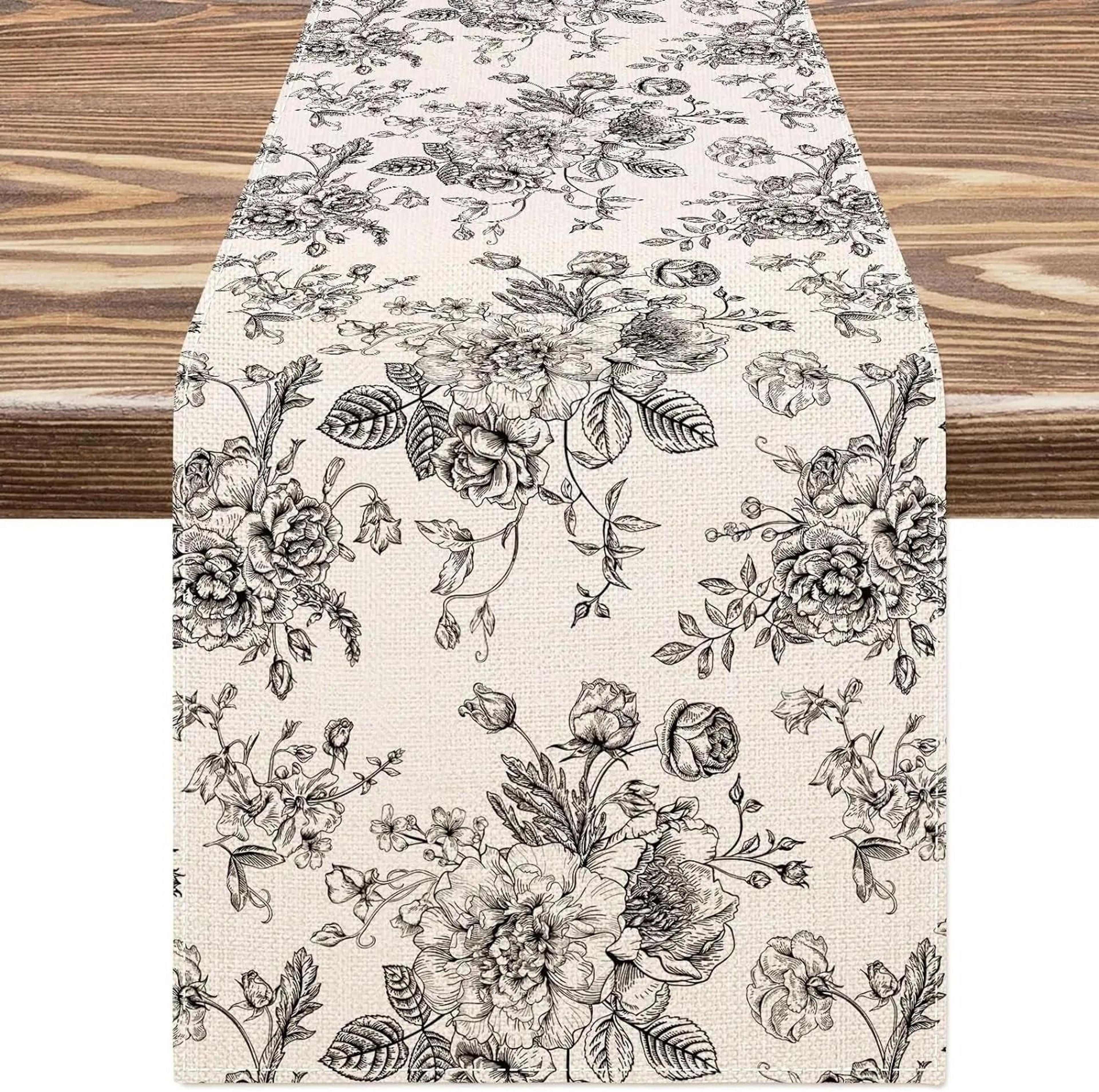 Chinoiserie Blue Floral Linen Table Runner Elegant Dining Table Decor 1