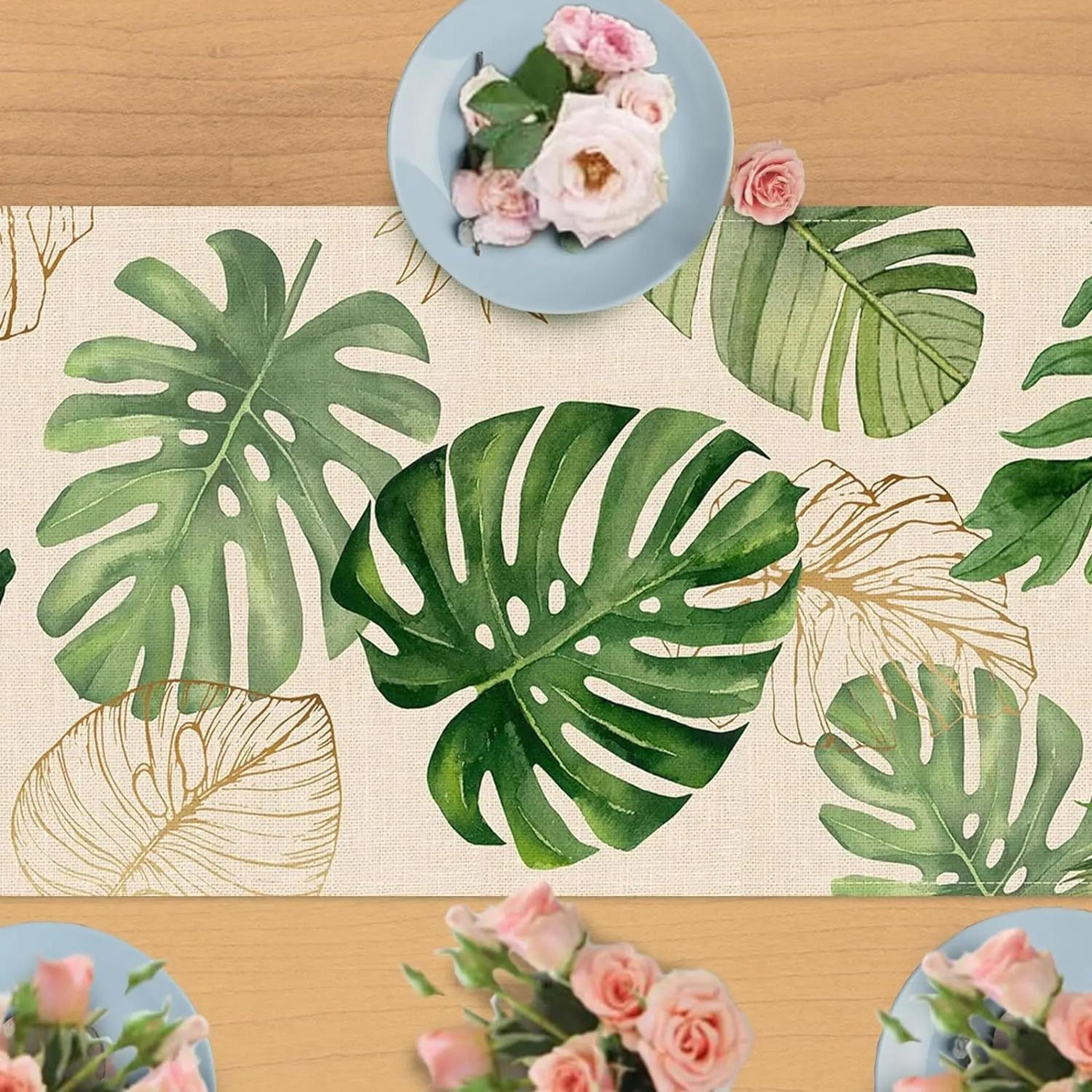 Tropical Palm Leaf Linen Table Runner Summer Greenery Dining Decor 2