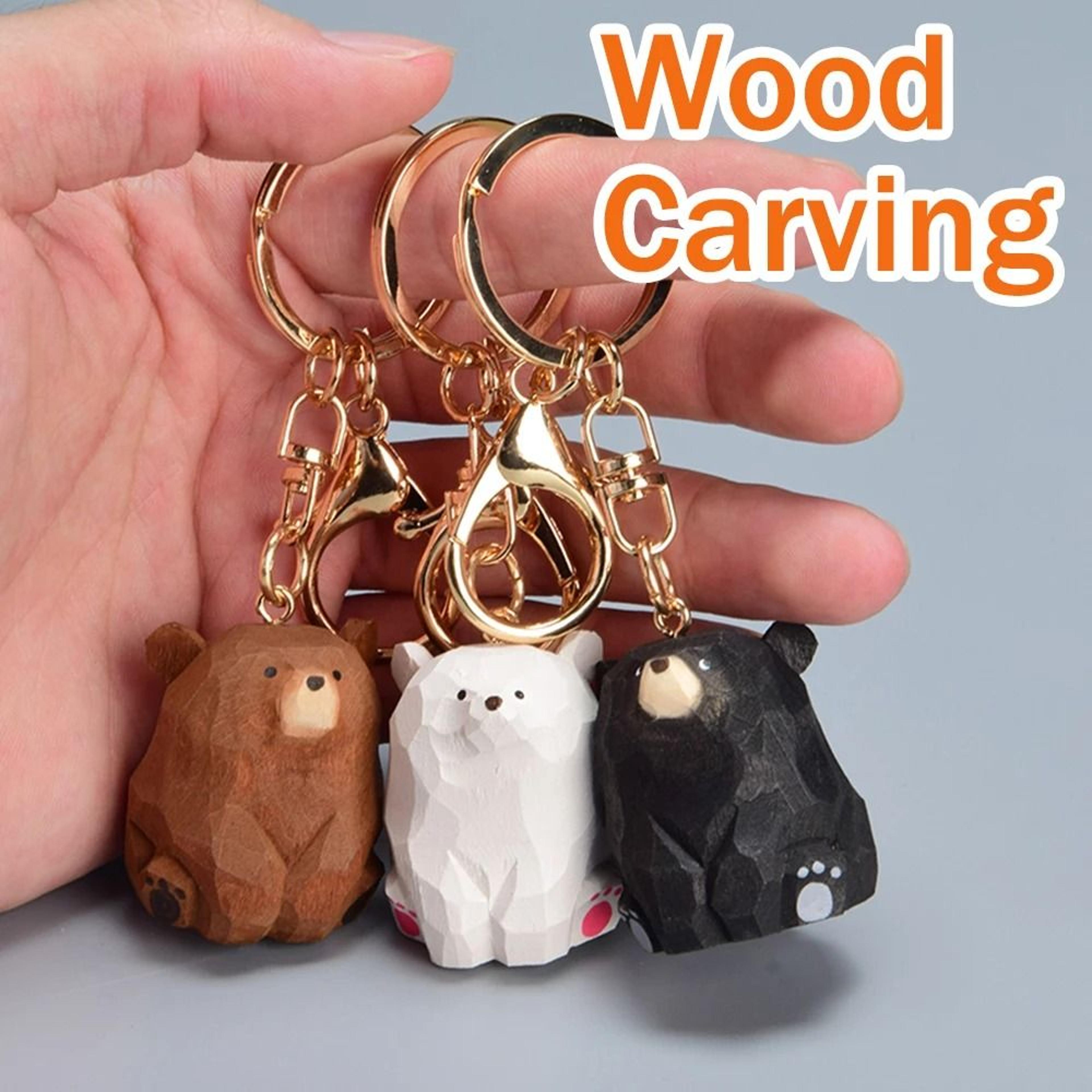 Wooden Bear Keychain Cute Cartoon Animal Hand Carved Couple Keychain 9