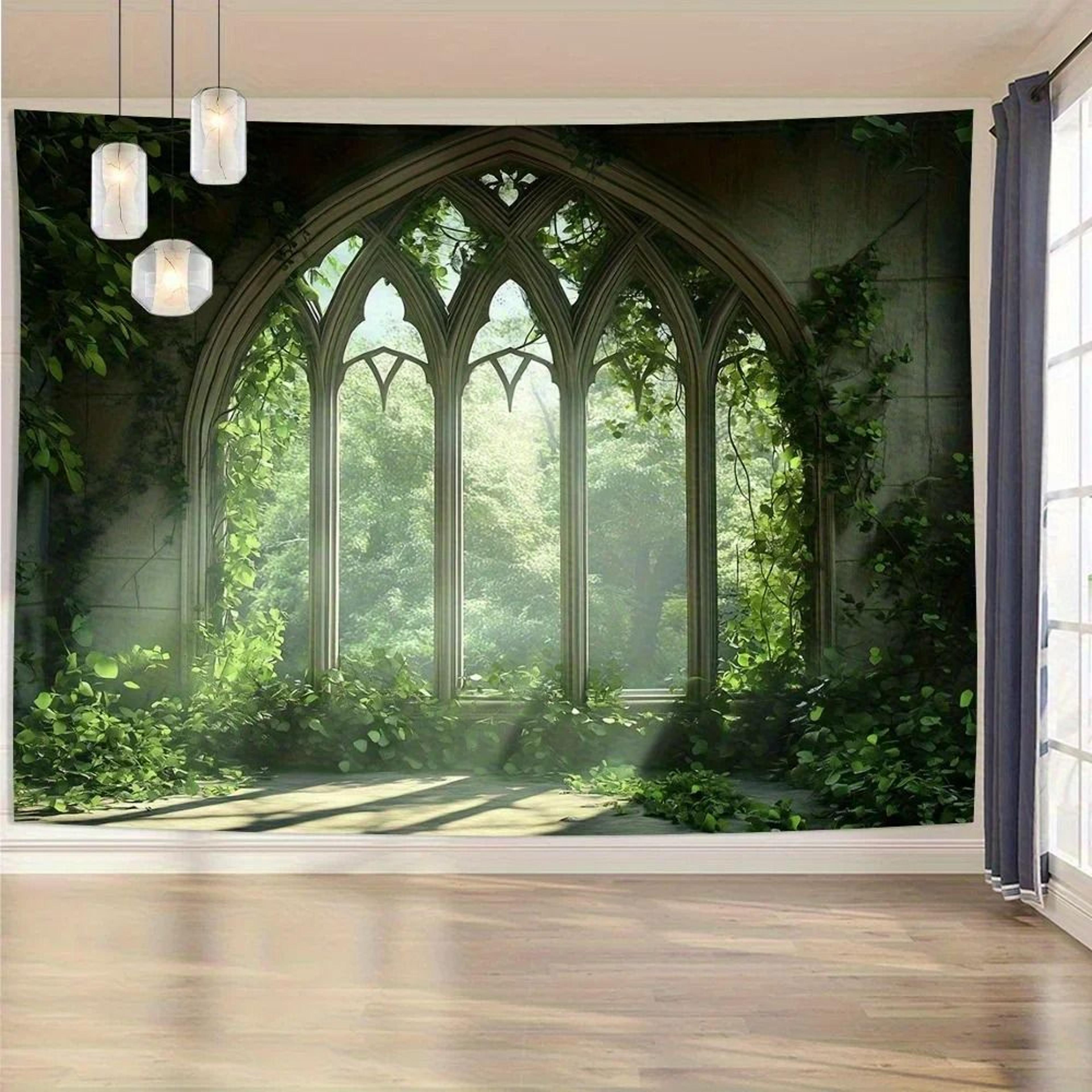 Gothic Window Landscape Tapestry Forest Wall Hanging Nature Decor 16