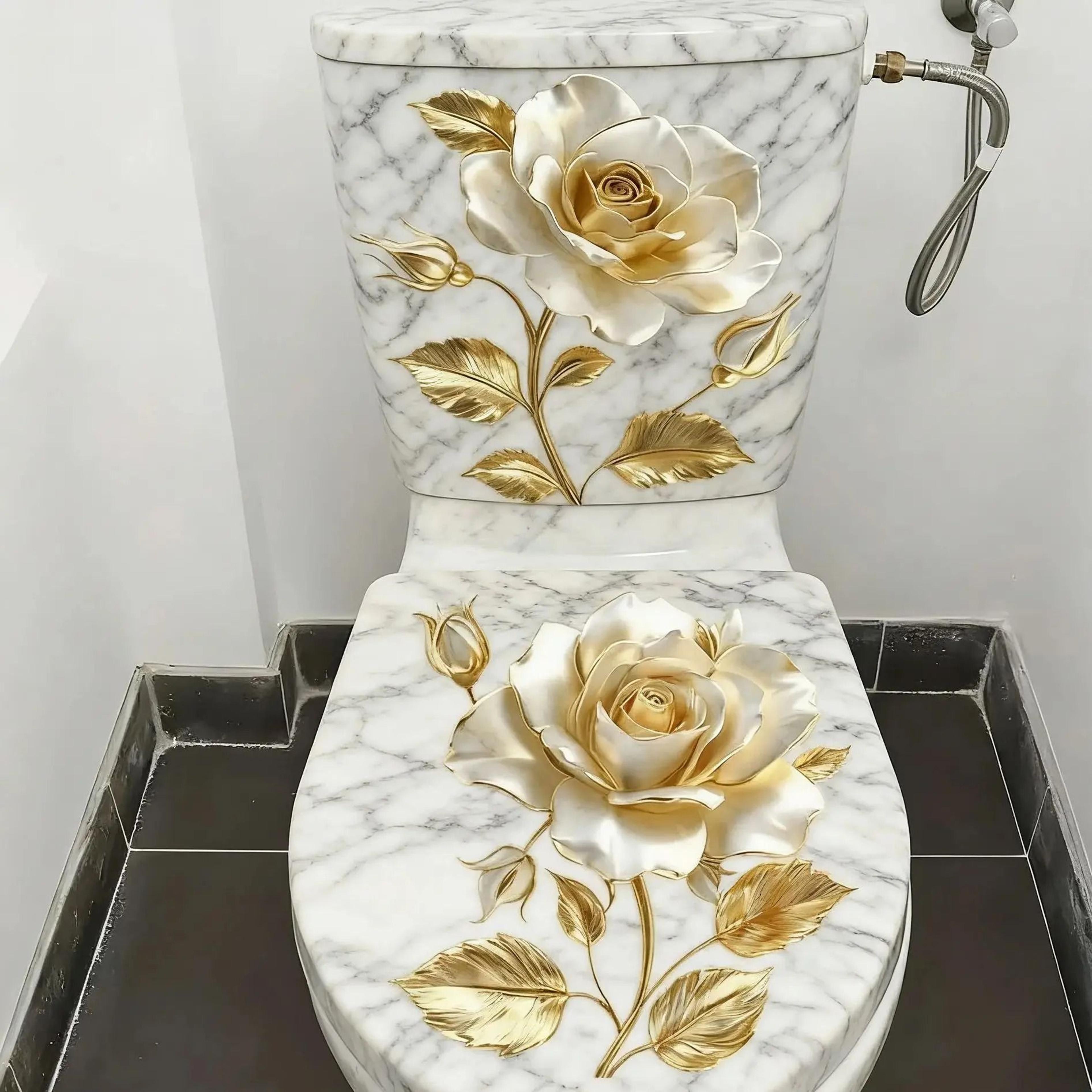 Golden Floral Toilet Seat Sticker Waterproof Bathroom Cover Decal 13