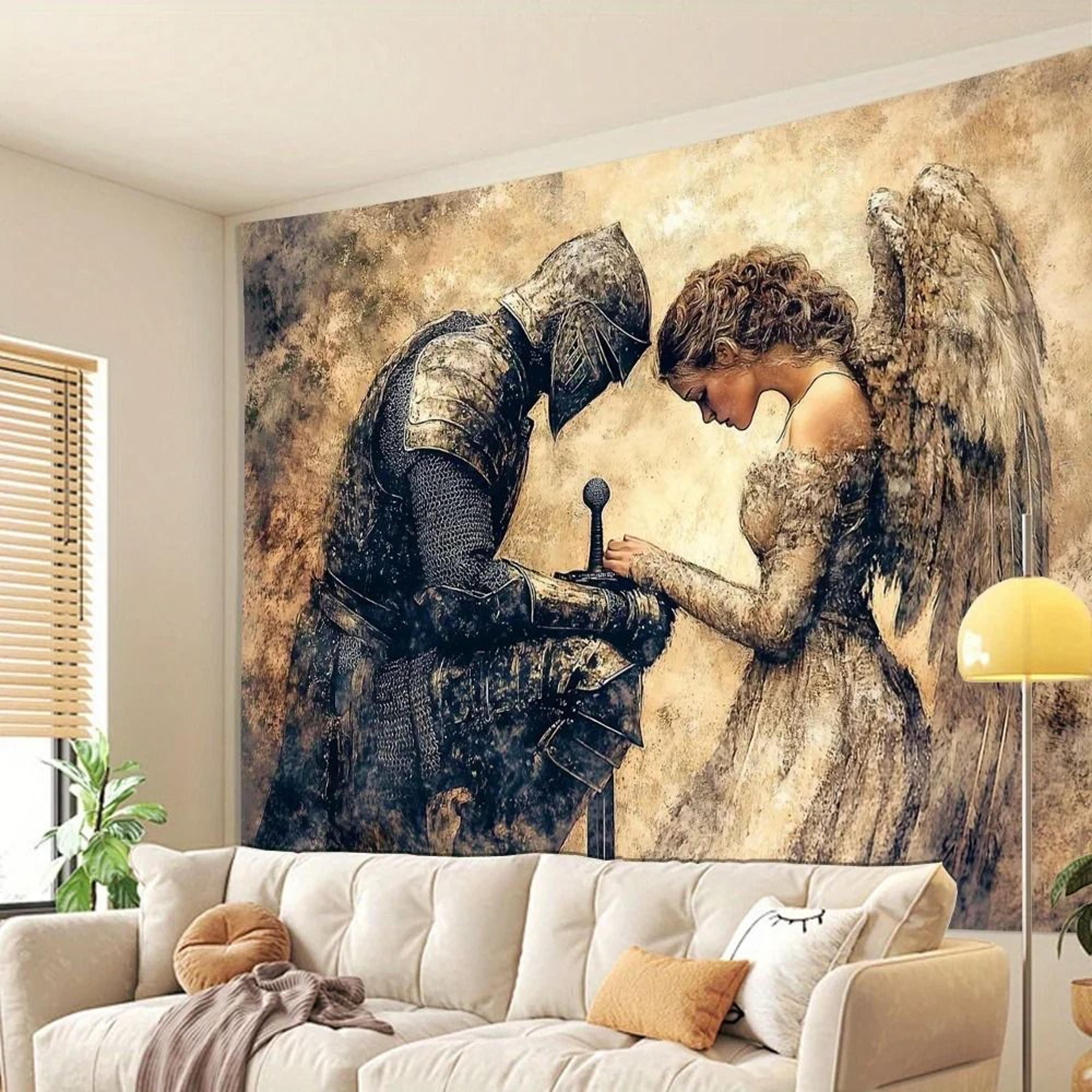 vintage knight and angel wall tapestry elegant fabric wall art decor