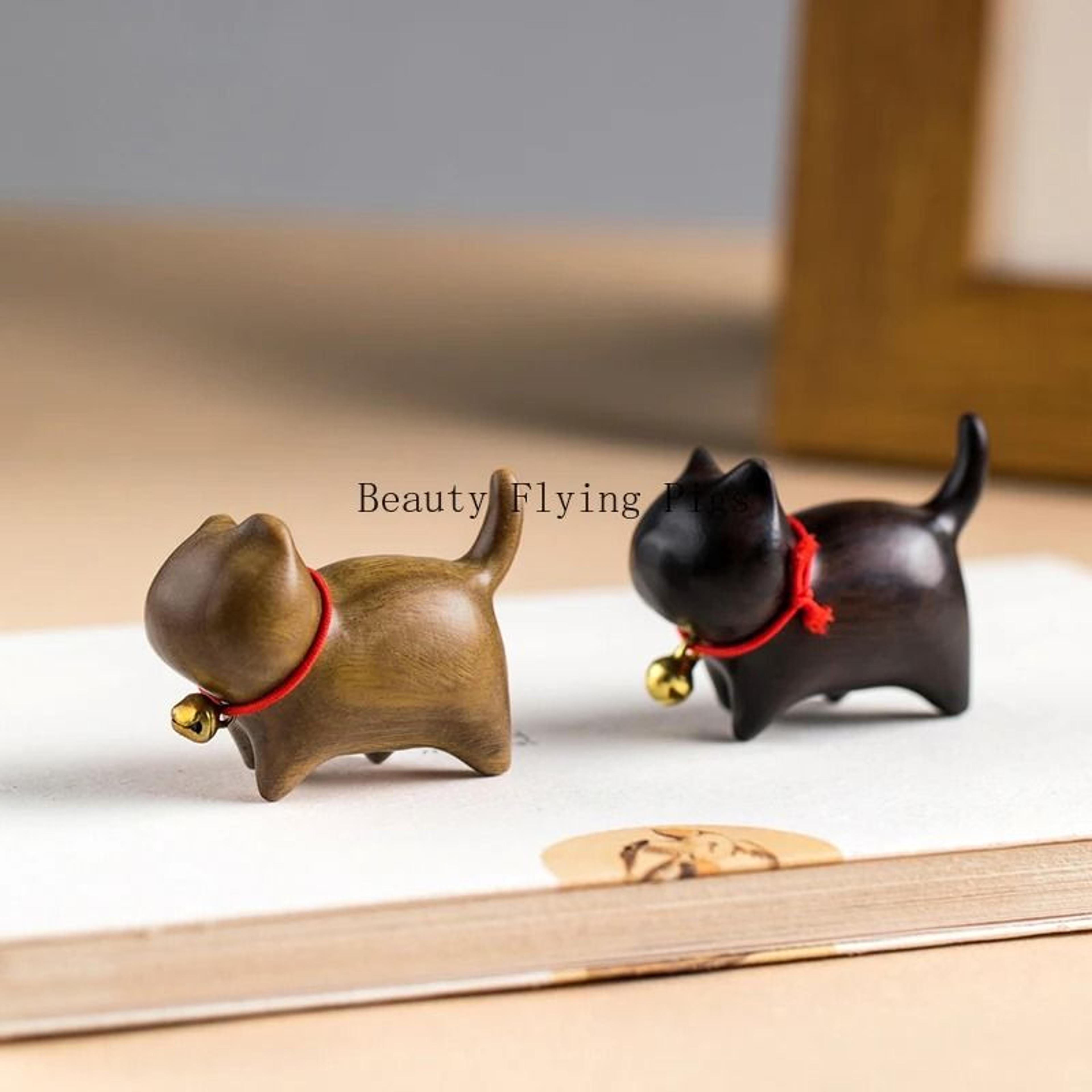Hand Carved Wooden Cat Figurine Mini Natural Wood Decor 8