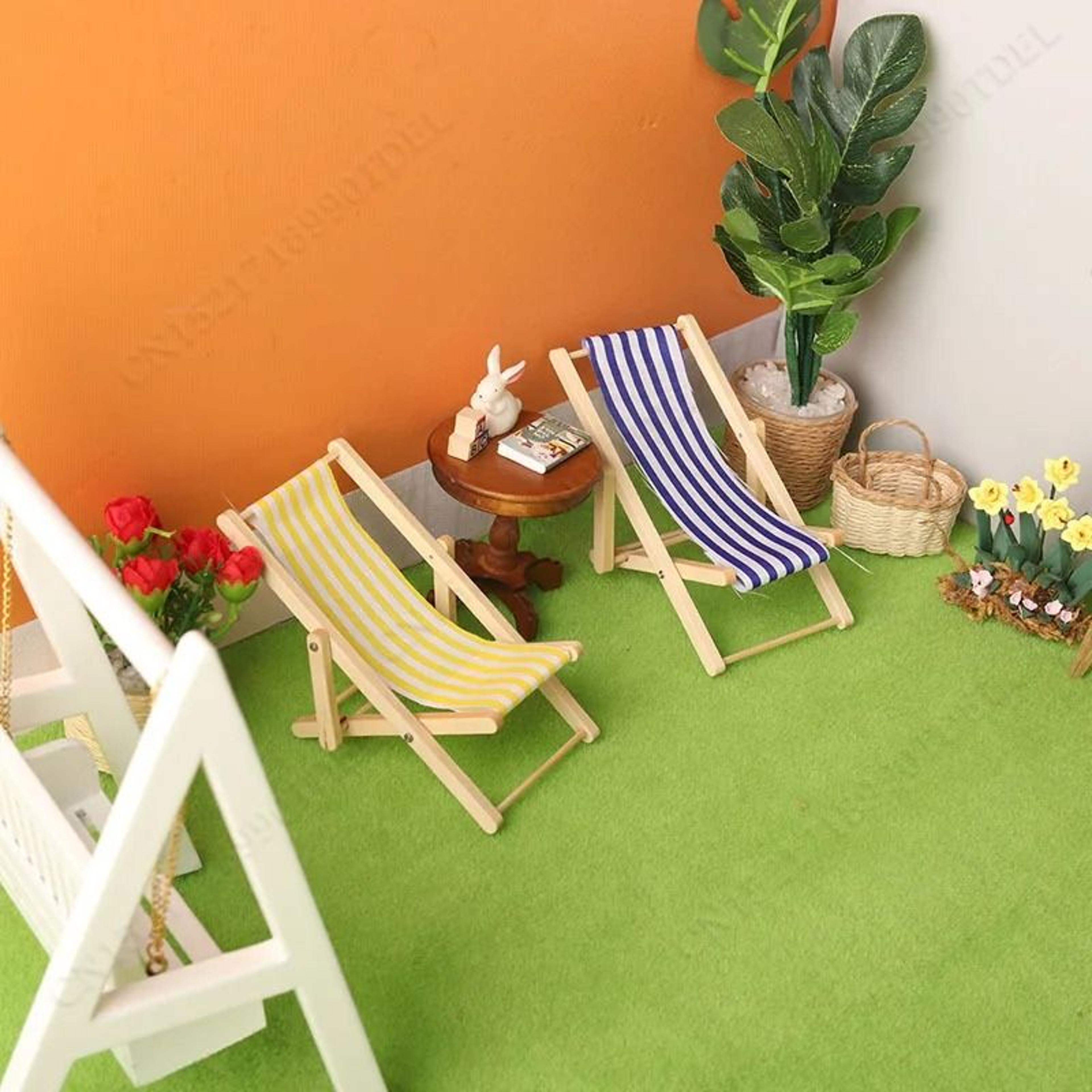 Mini Beach Chair Dollhouse Furniture Wooden Recliner Model For Outdoor Scene Decor 7
