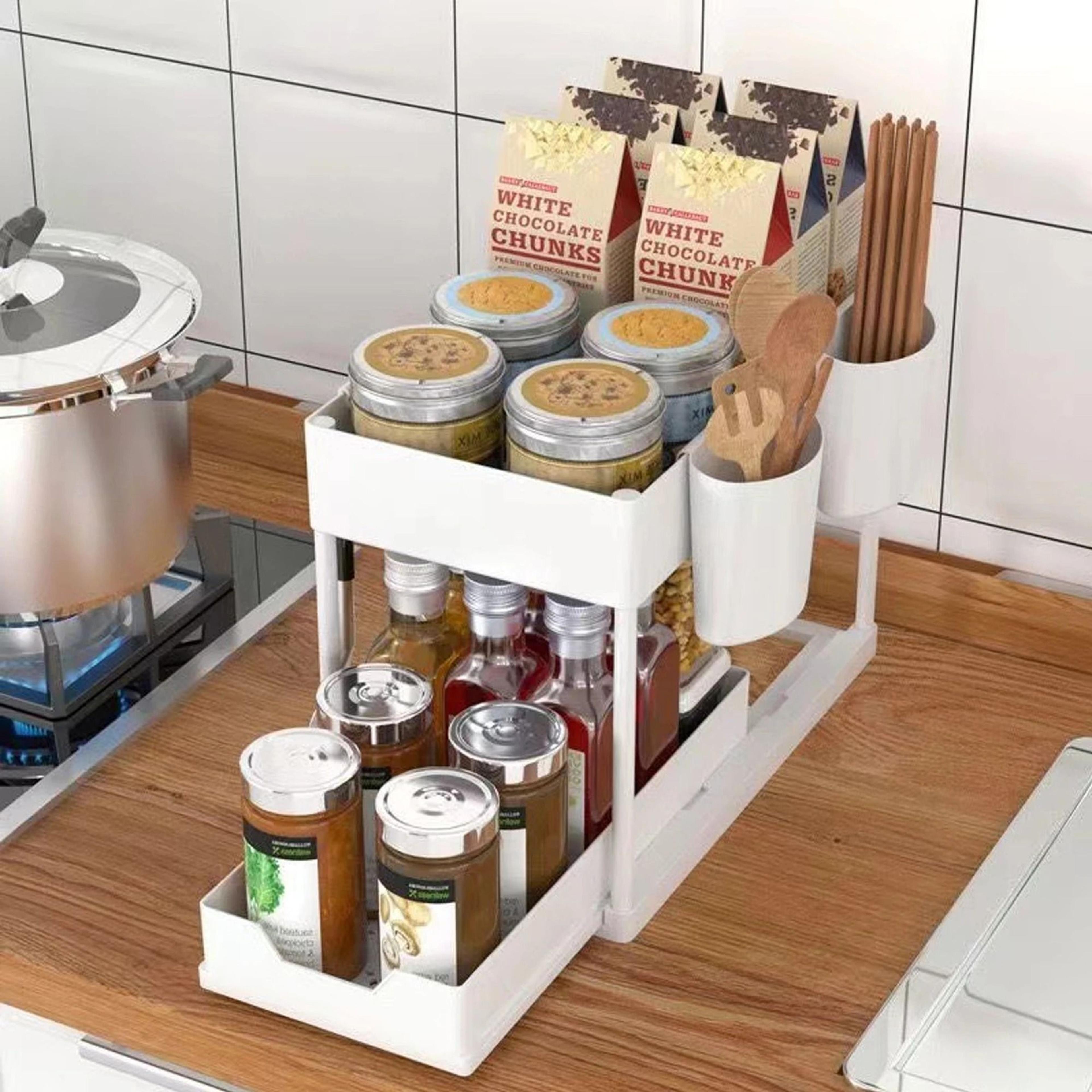 Double Layer Pull Out Under Sink Organizer With Hooks Storage Rack 5
