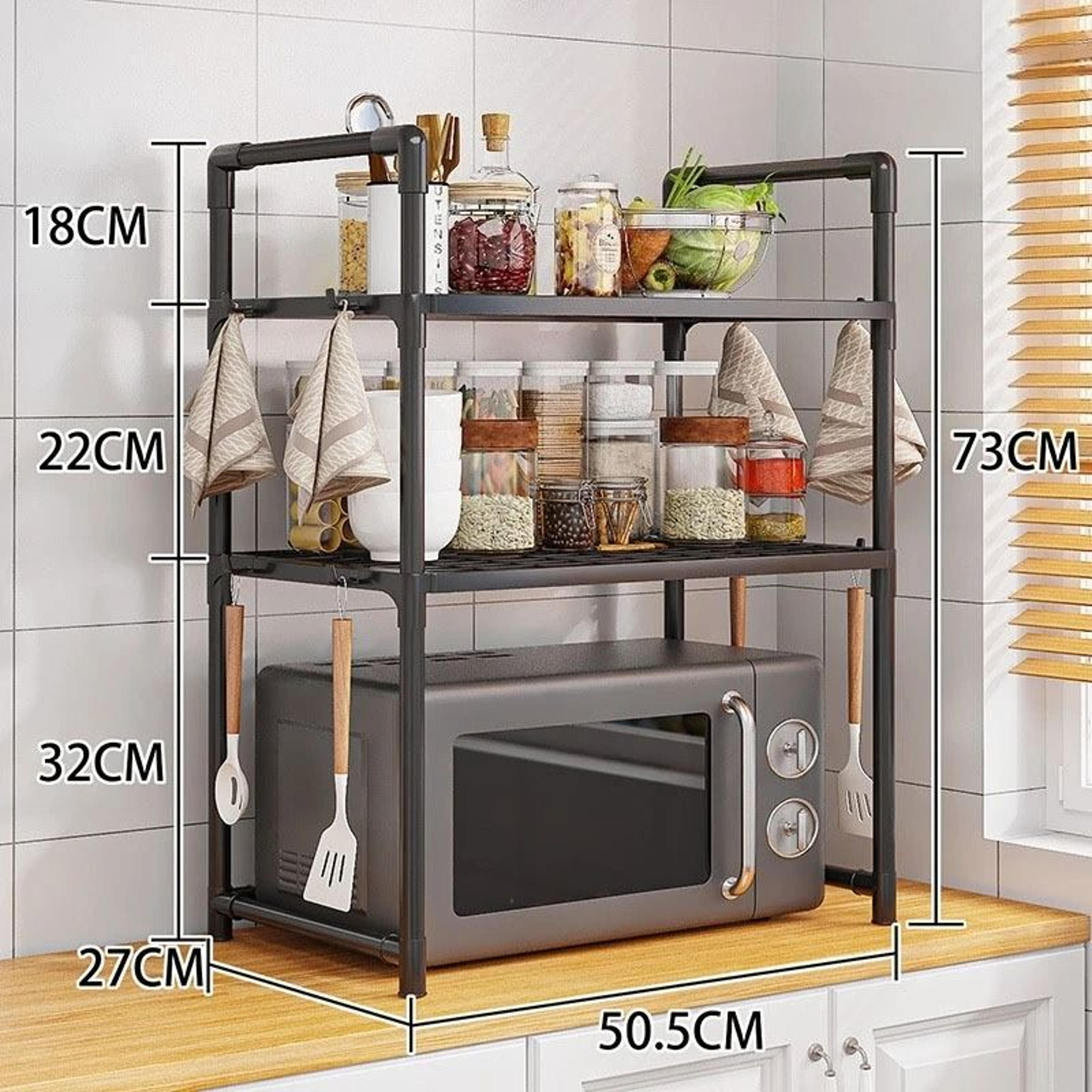 Adjustable Microwave Oven Rack Countertop Kitchen Storage Shelf With Hooks 2