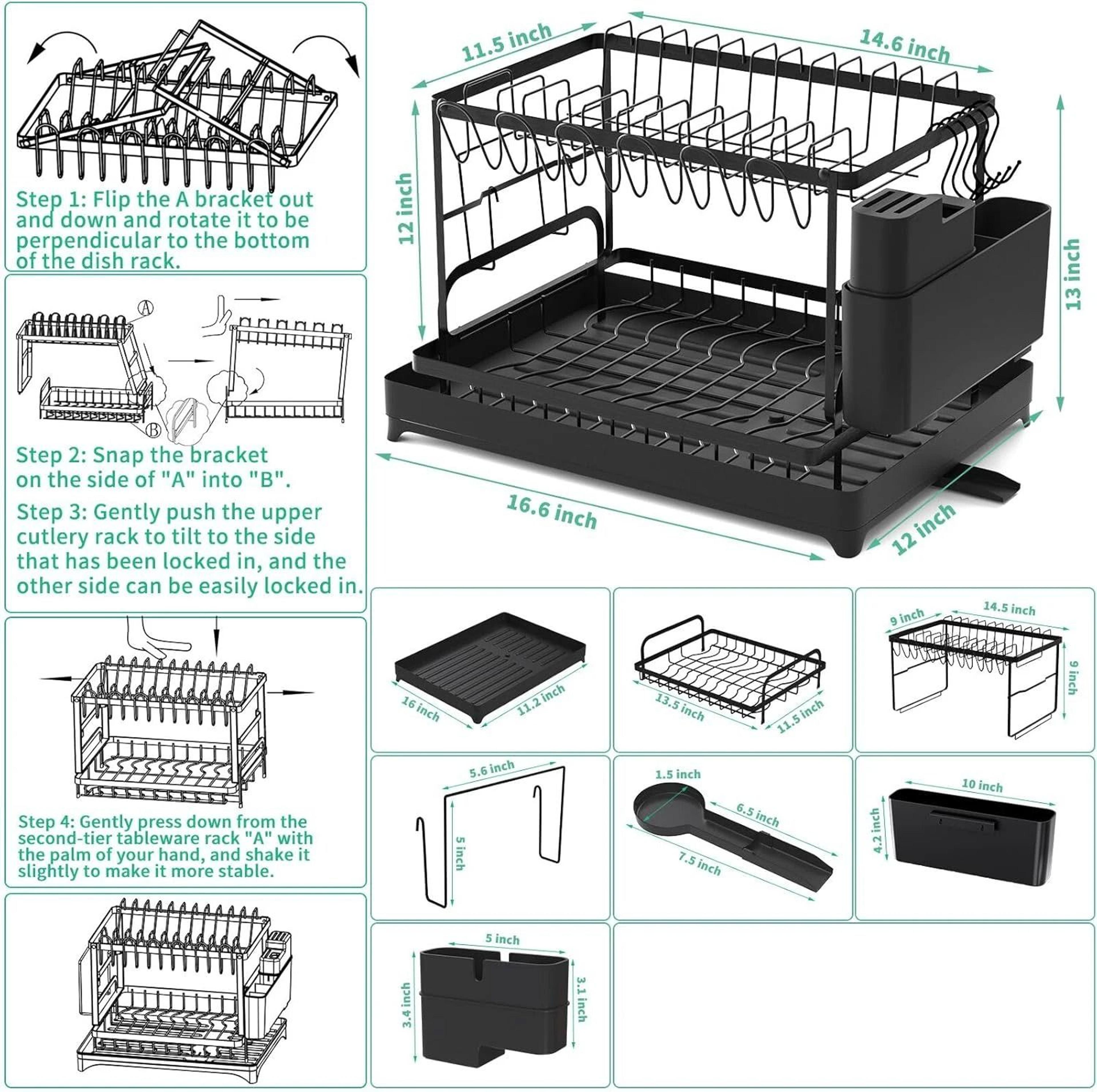 2 Tier Dish Drying Rack With Drip Tray Countertop Kitchen Organizer 3