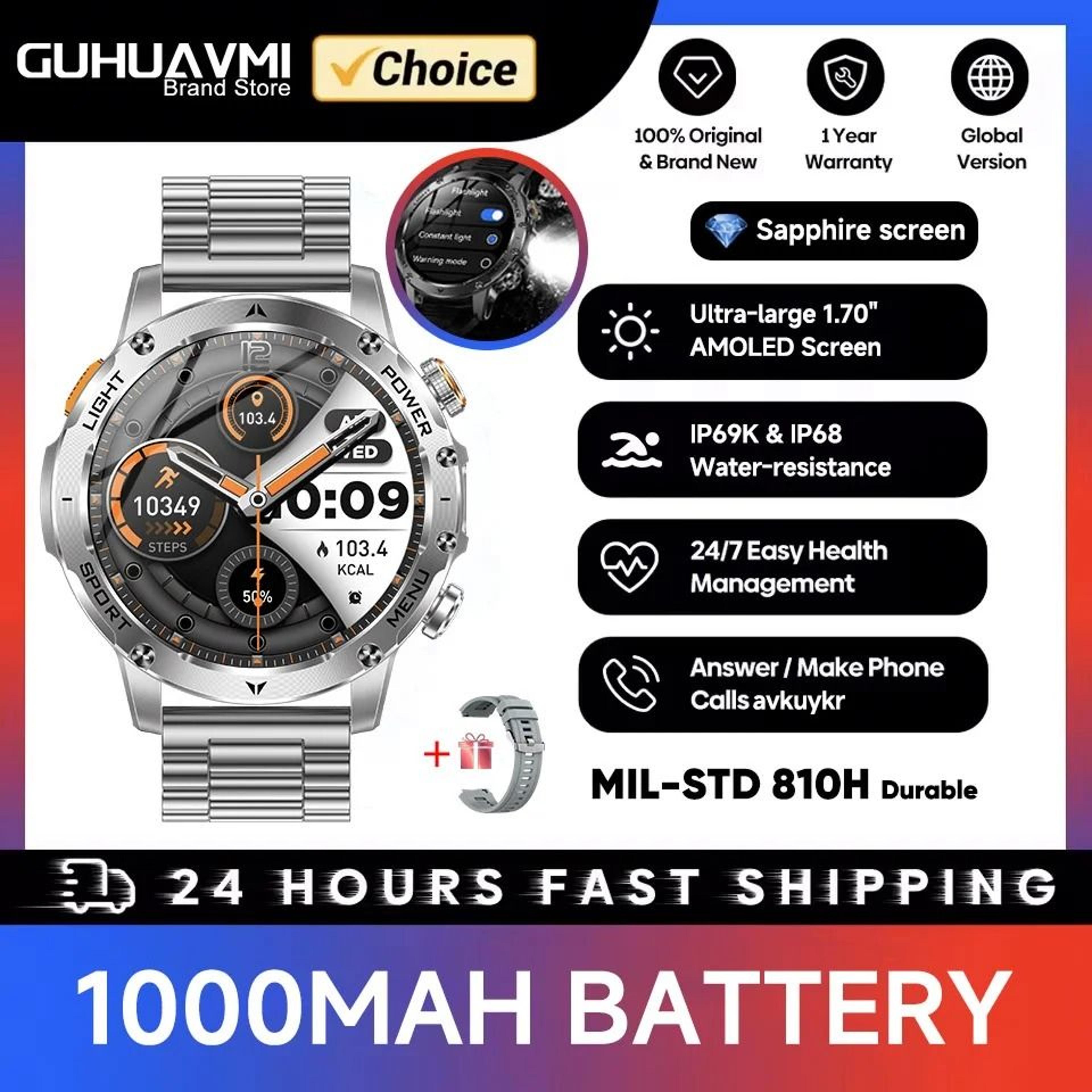 Military GPS Tracker Smartwatch With AMOLED Display Bluetooth Calling Waterproof Sports Watch 7
