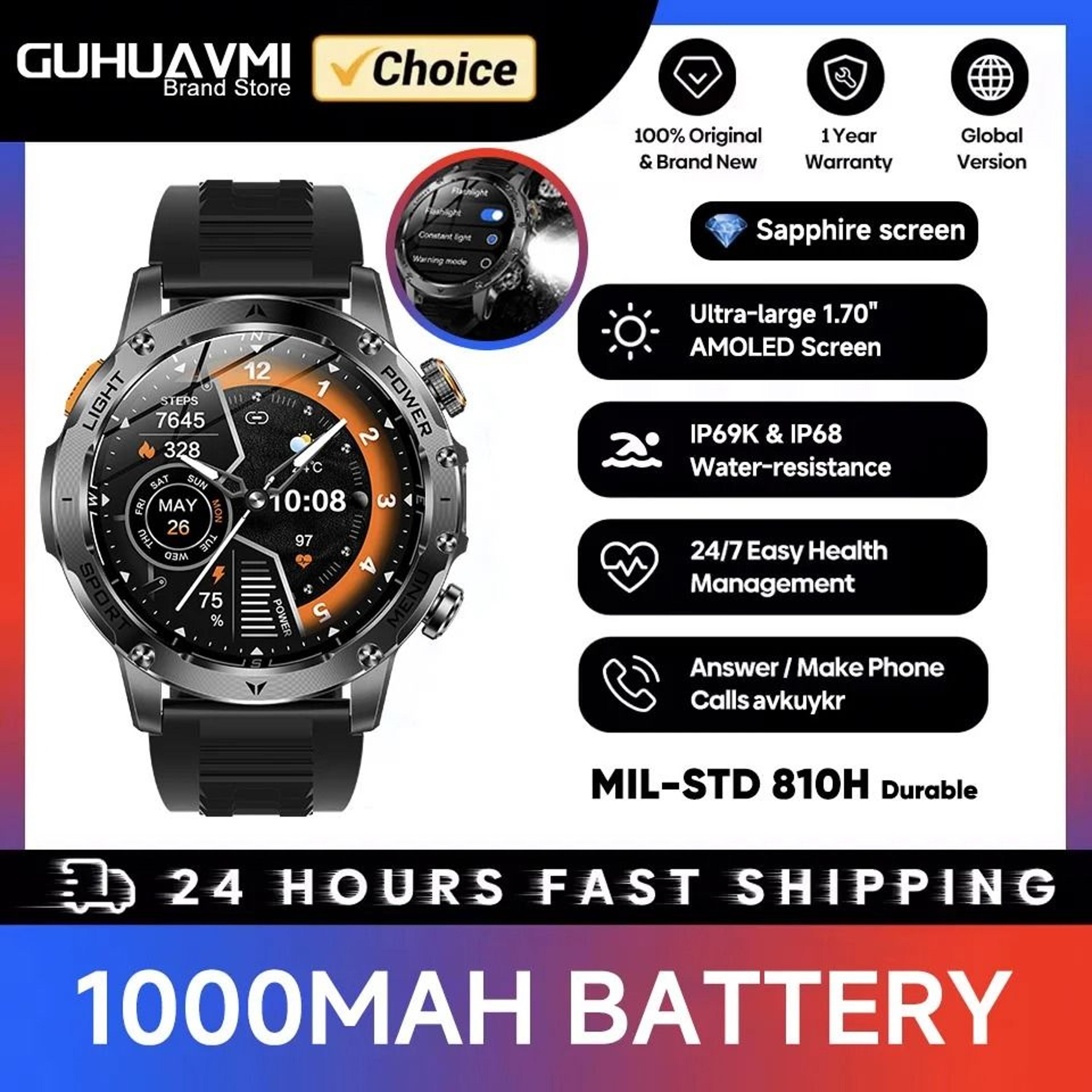 Military GPS Tracker Smartwatch With AMOLED Display Bluetooth Calling Waterproof Sports Watch 2