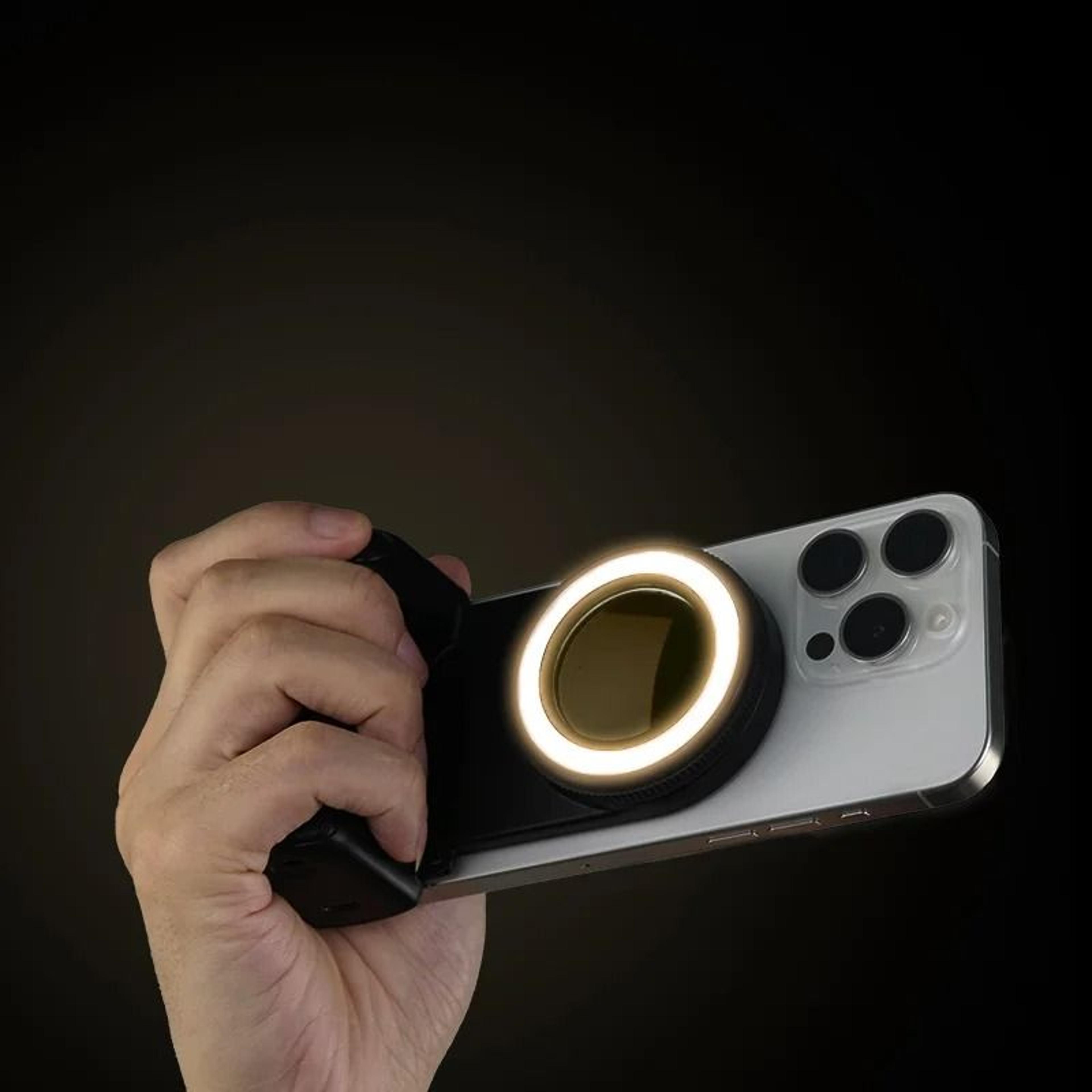 magnetic phone grip handle with bluetooth selfie remote and fill light
