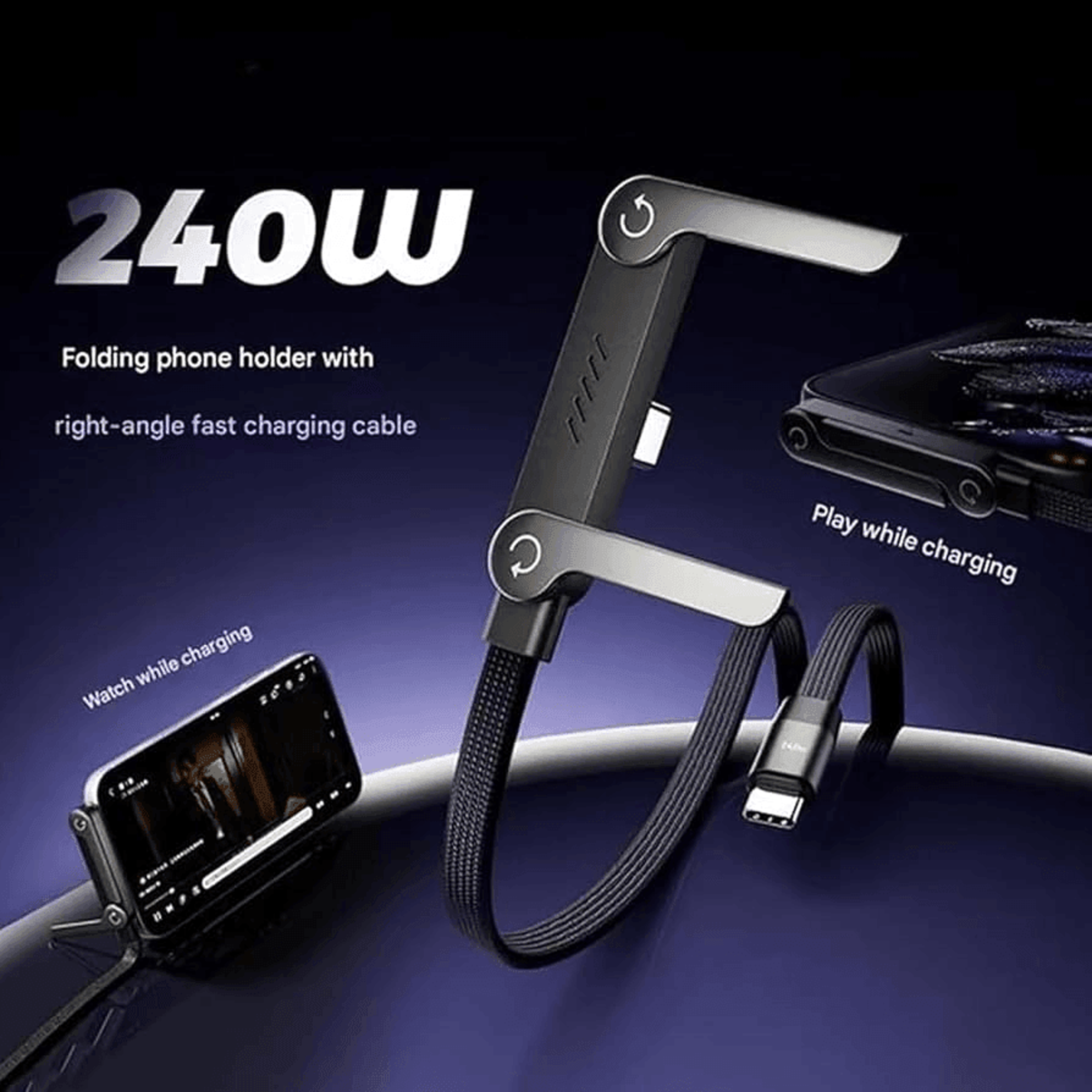 240w pd fast charging cable with foldable phone holder stand