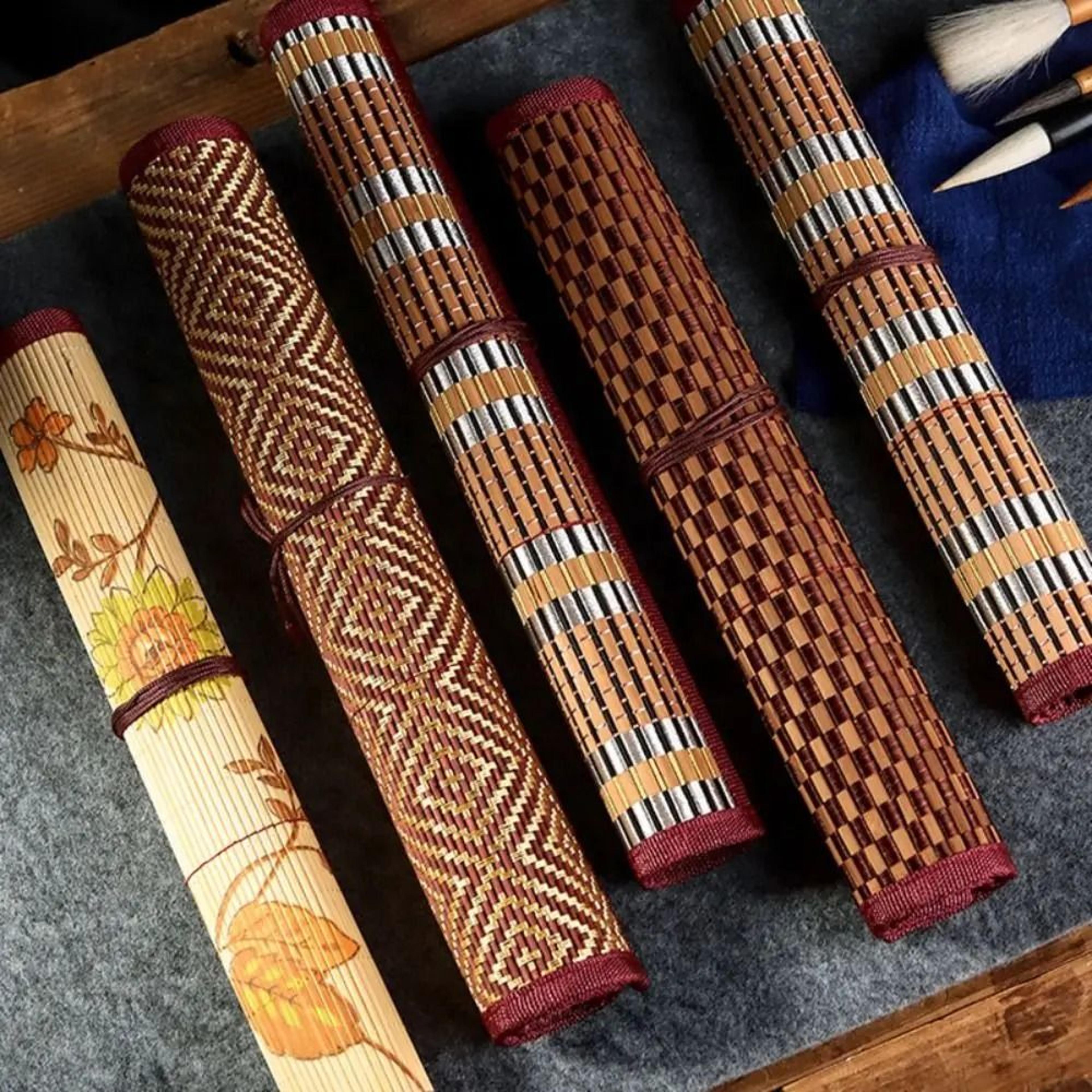 bamboo brush roll up pouch calligraphy brush holder large capacity art supplies organizer
