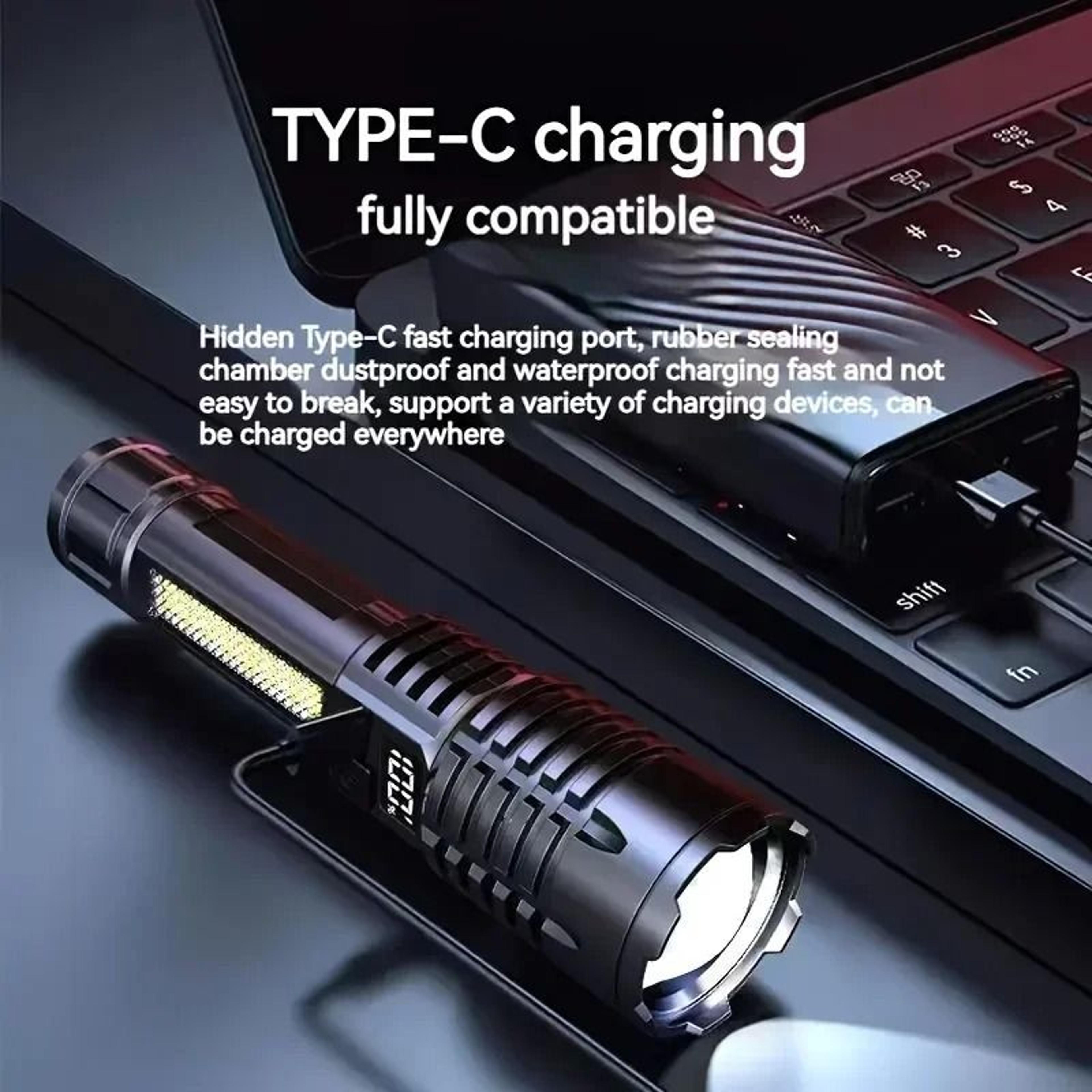 High Power LED Flashlight Rechargeable USB C Camping Torch With Side Light 12
