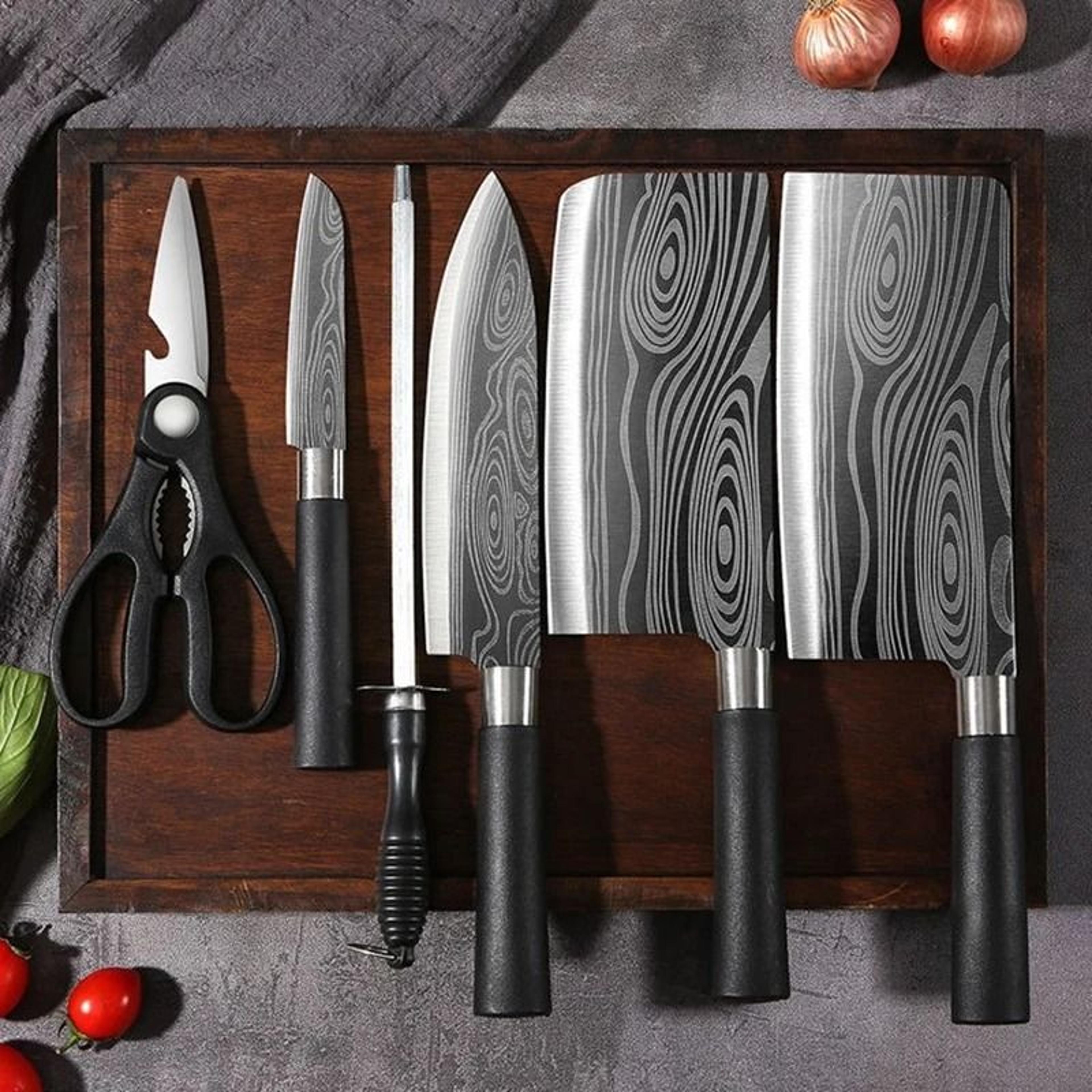 Damascus Pattern Kitchen Knife Set Stainless Steel Chef Knife Scissors Sharpening Rod 0