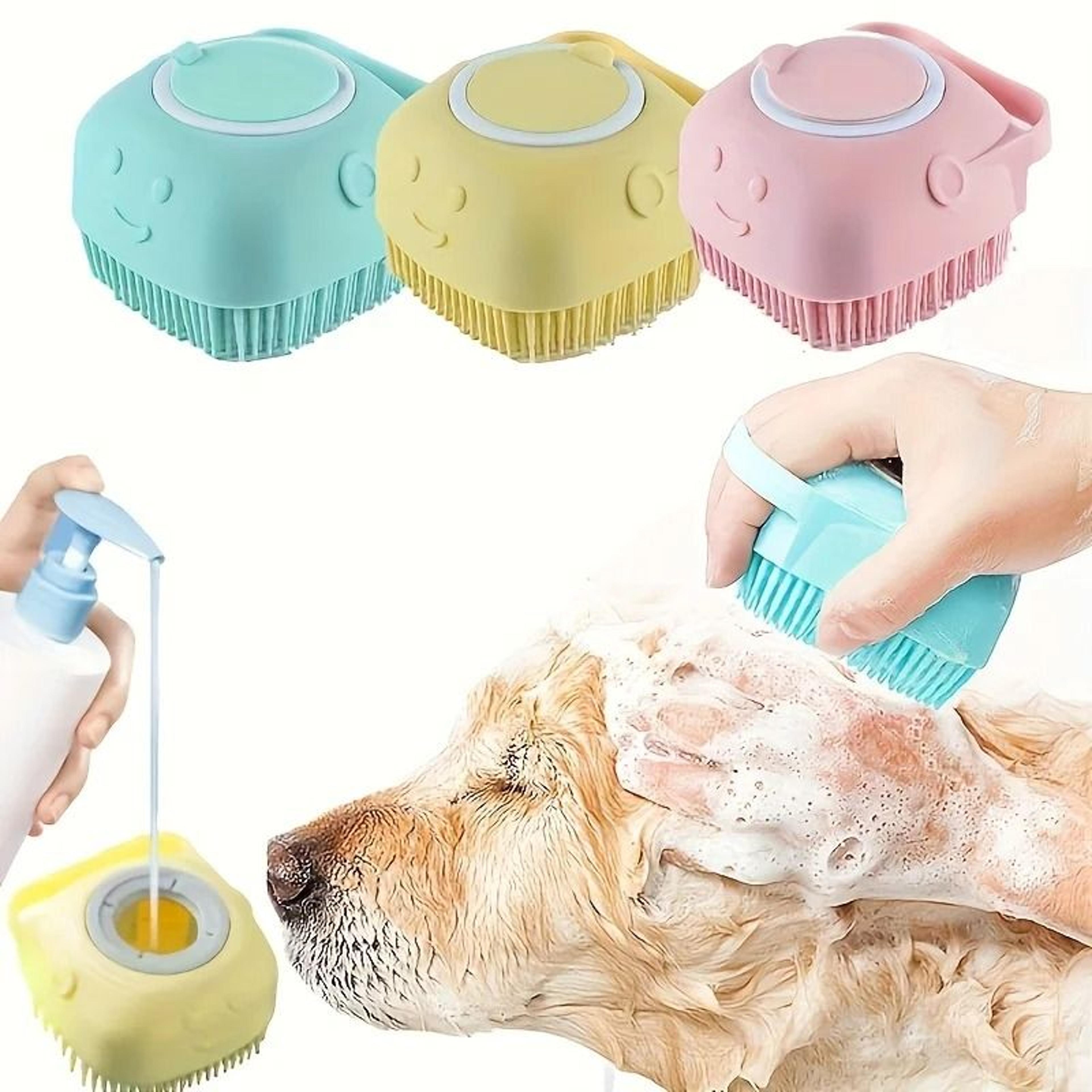 silicone pet grooming brush with shampoo dispenser and self cleaning massage design