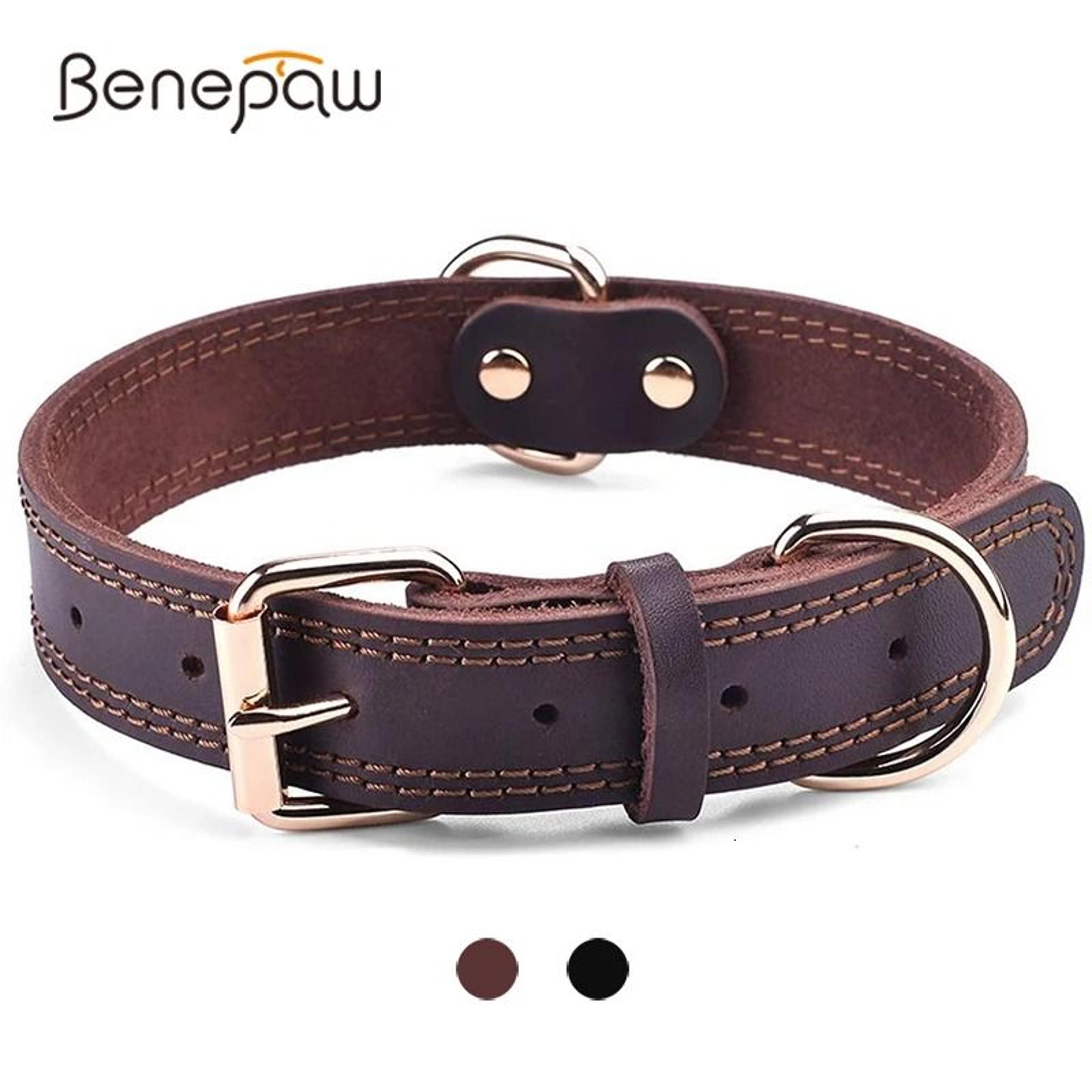 benepaw genuine leather dog collar heavy duty double d ring collar for medium and large dogs