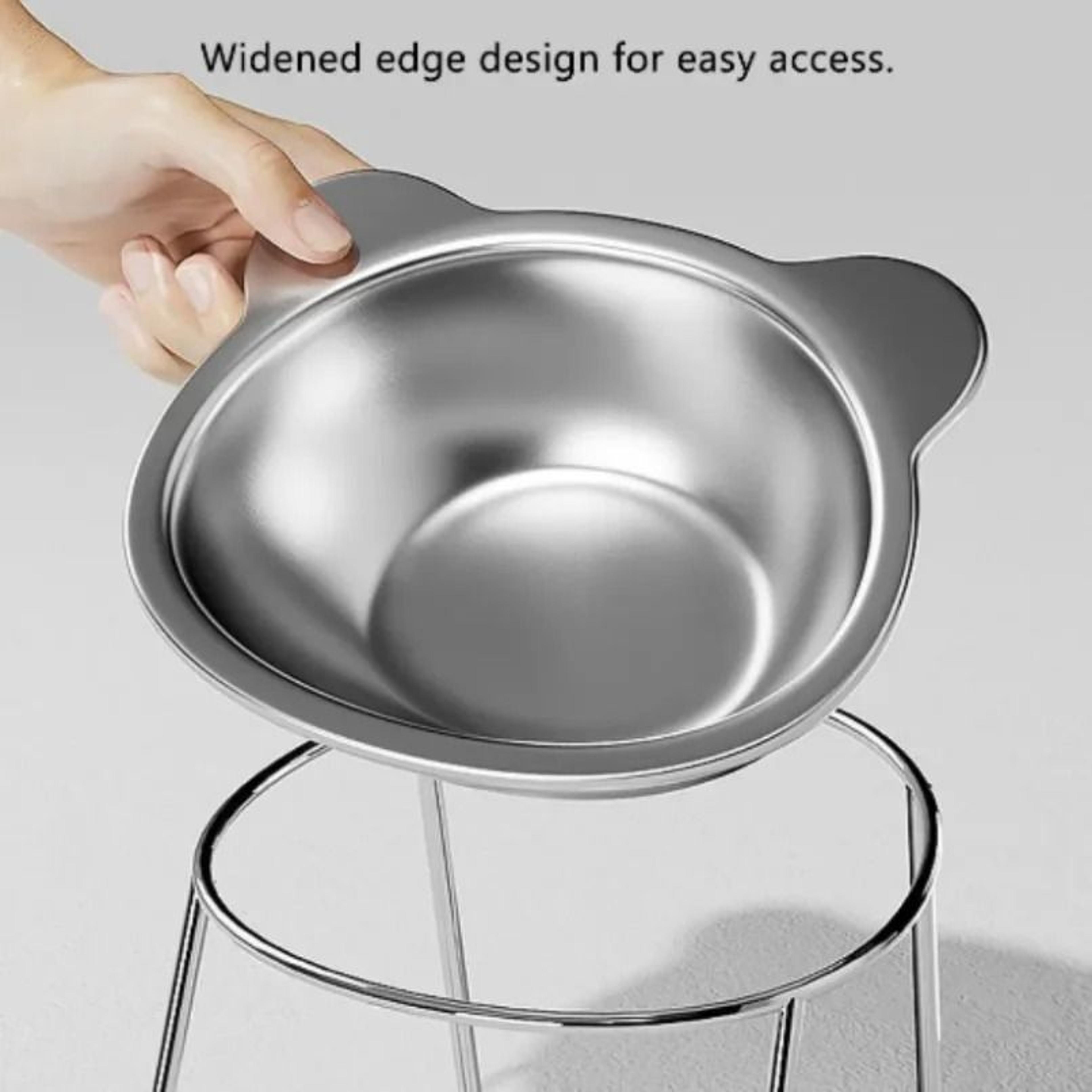 tilted raised stainless steel cat bowl with neck guard design
