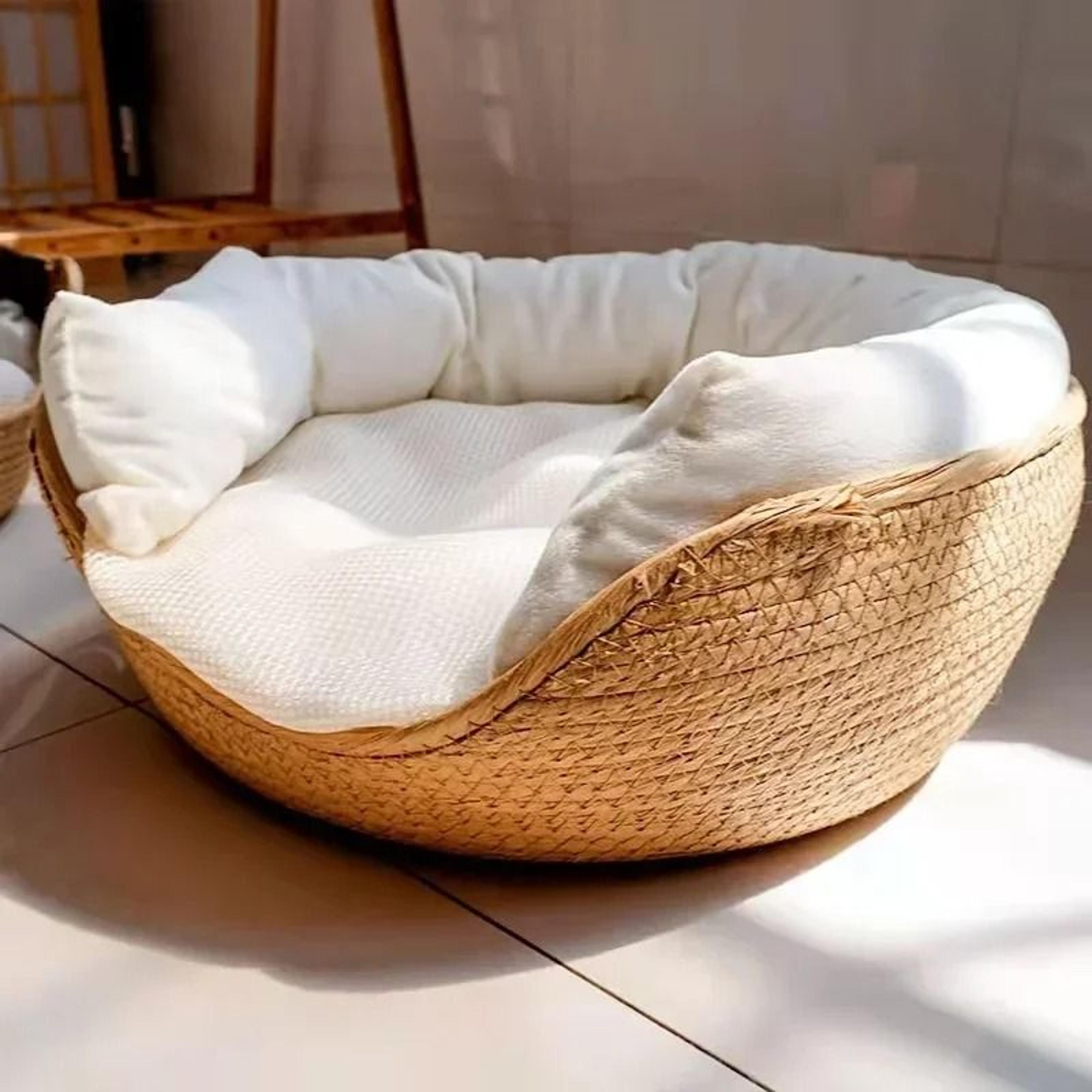 soft bamboo weaving pet bed cozy cat and dog sofa nest with waterproof removable cushion