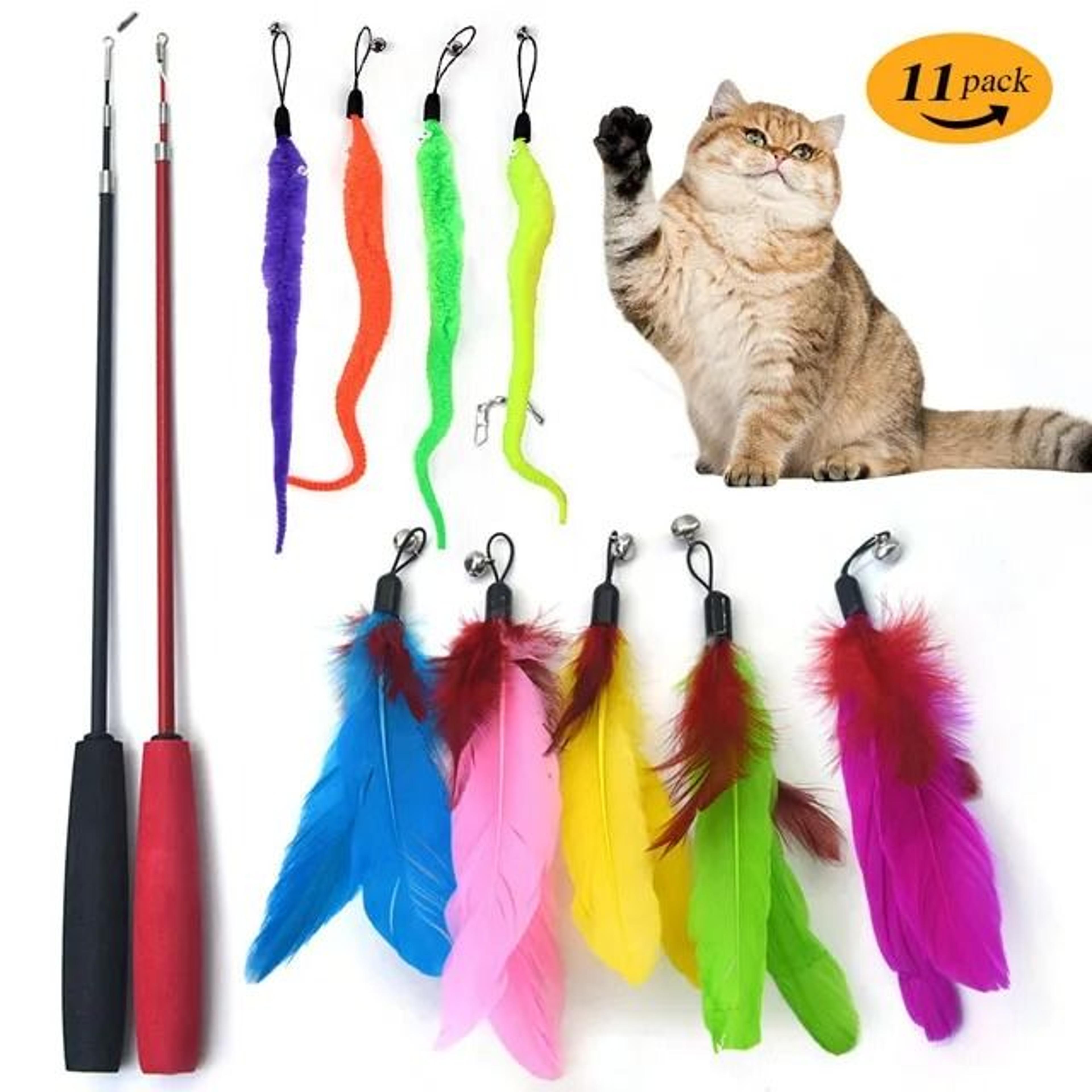 retractable cat teaser wand feather fishing rod interactive cat toy with bells