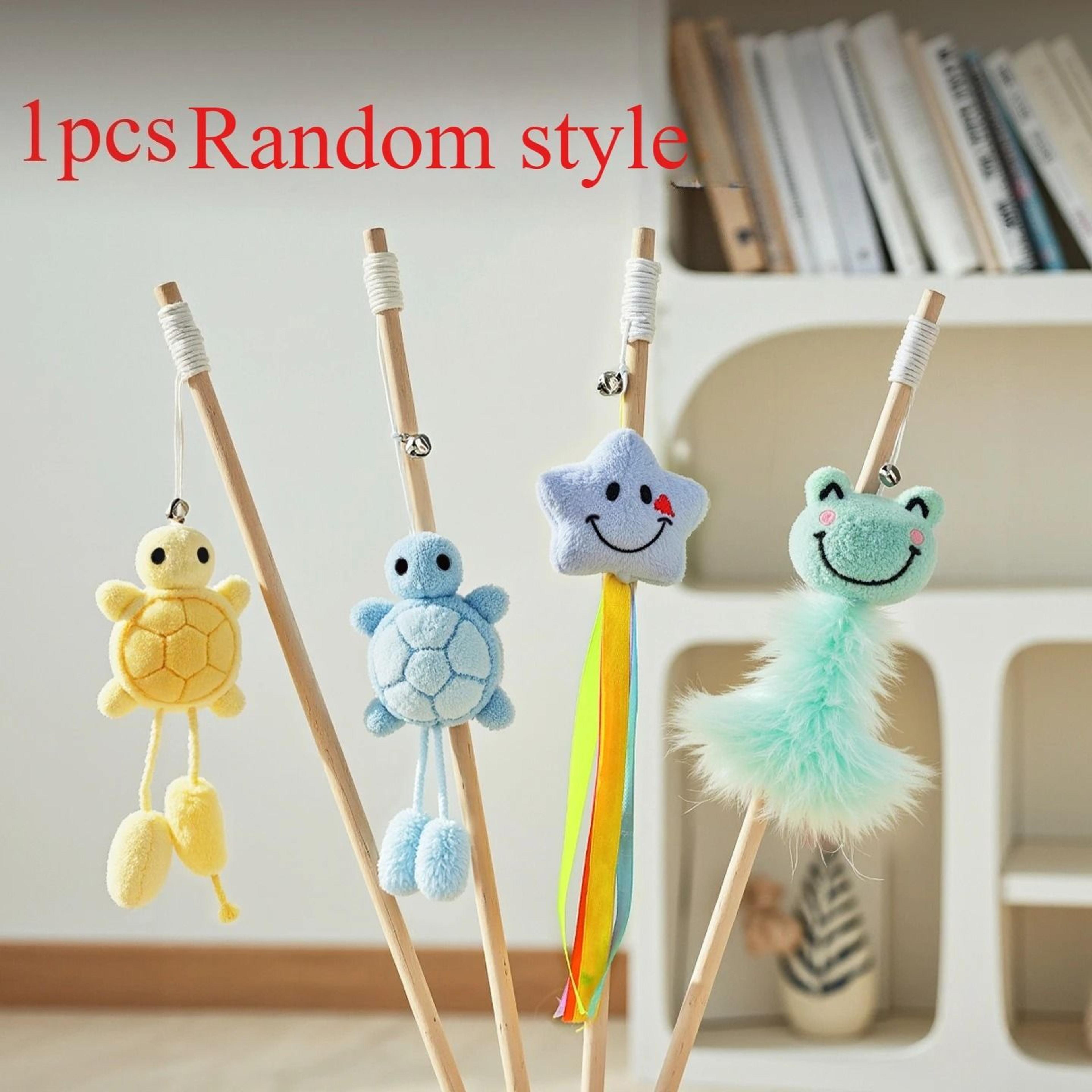 wooden tortoise cat teaser stick toy with bell for interactive chewing play
