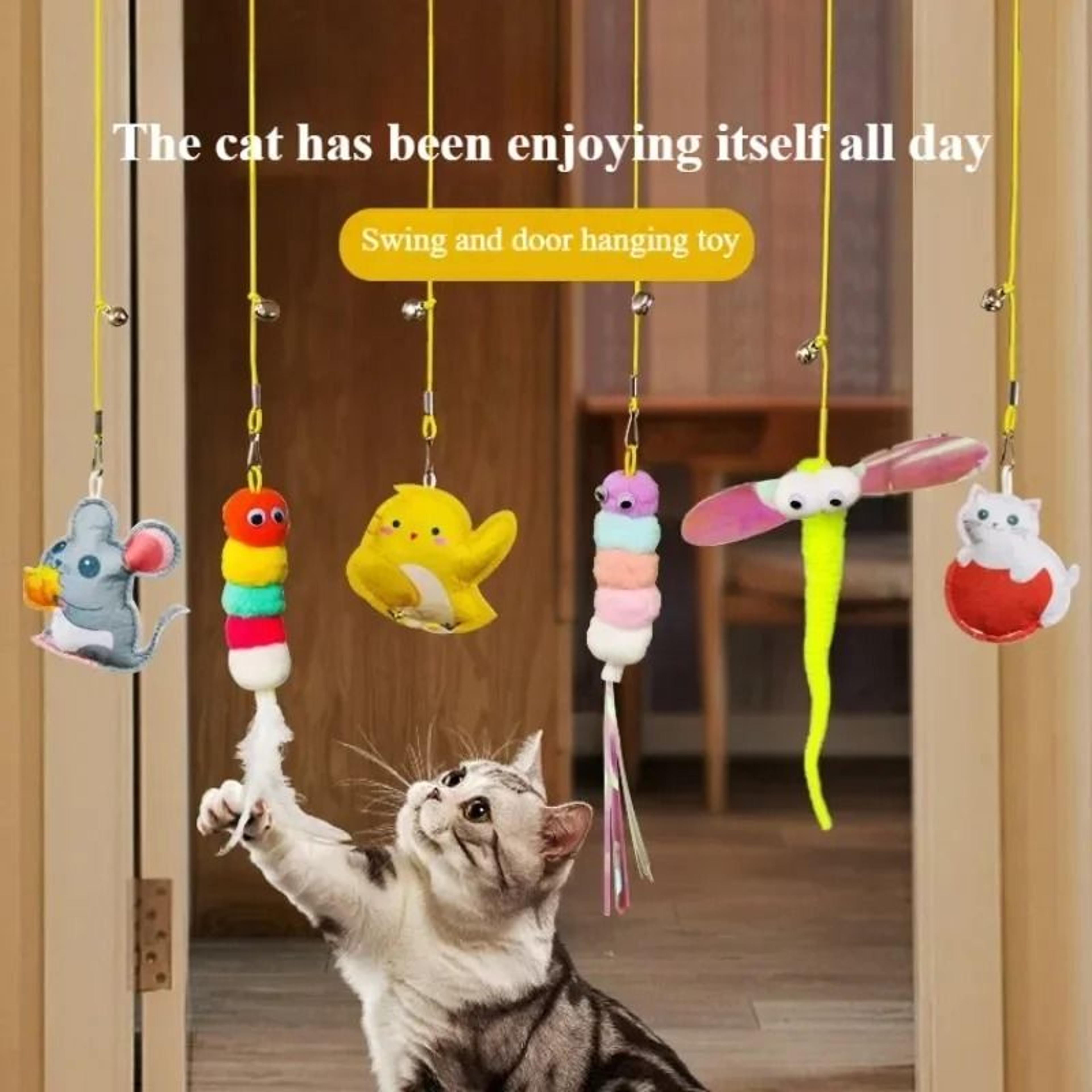 hanging feather cat teaser toy with elastic rope for independent door play