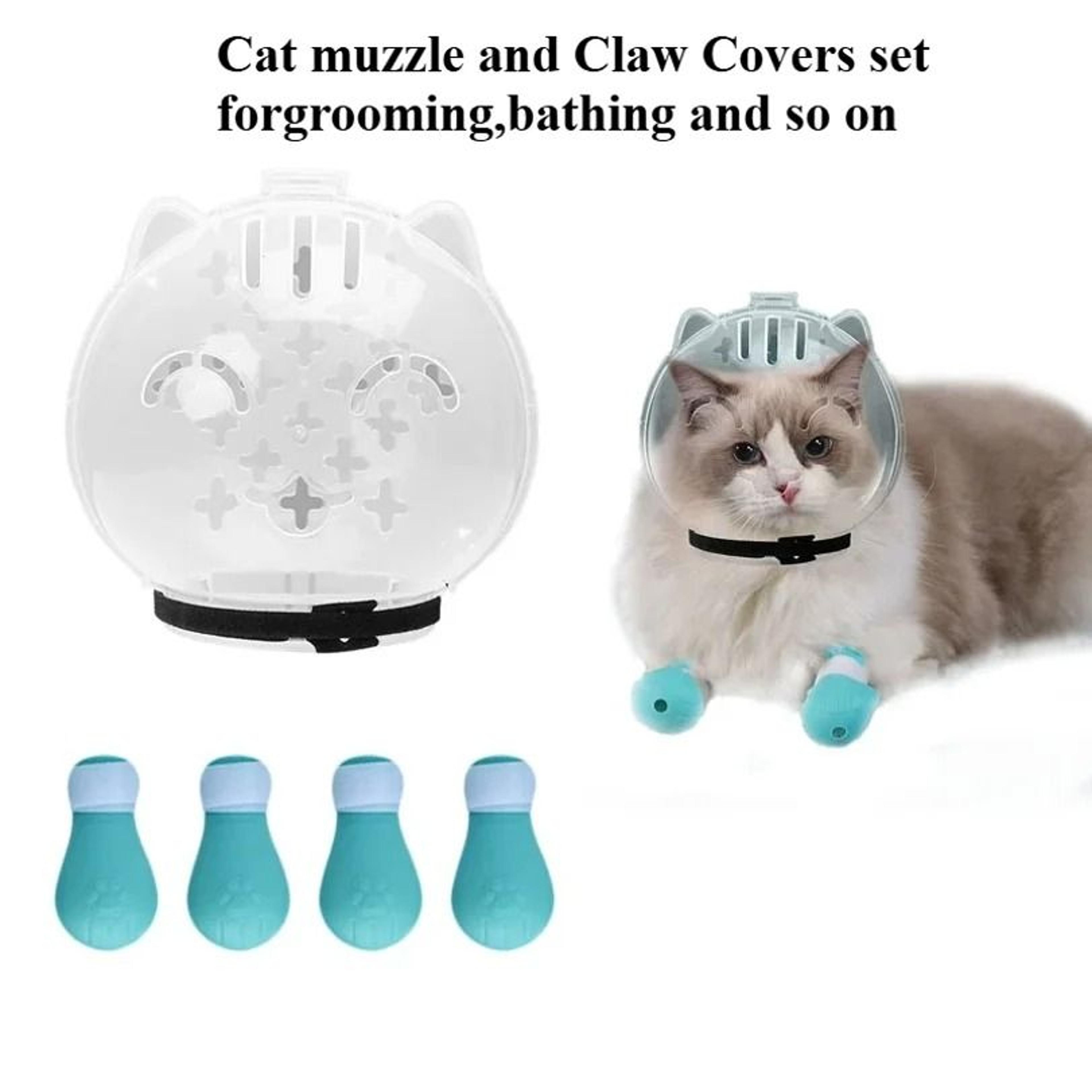 cat grooming muzzle space hood with silicone paw shoes anti bite licking protection set