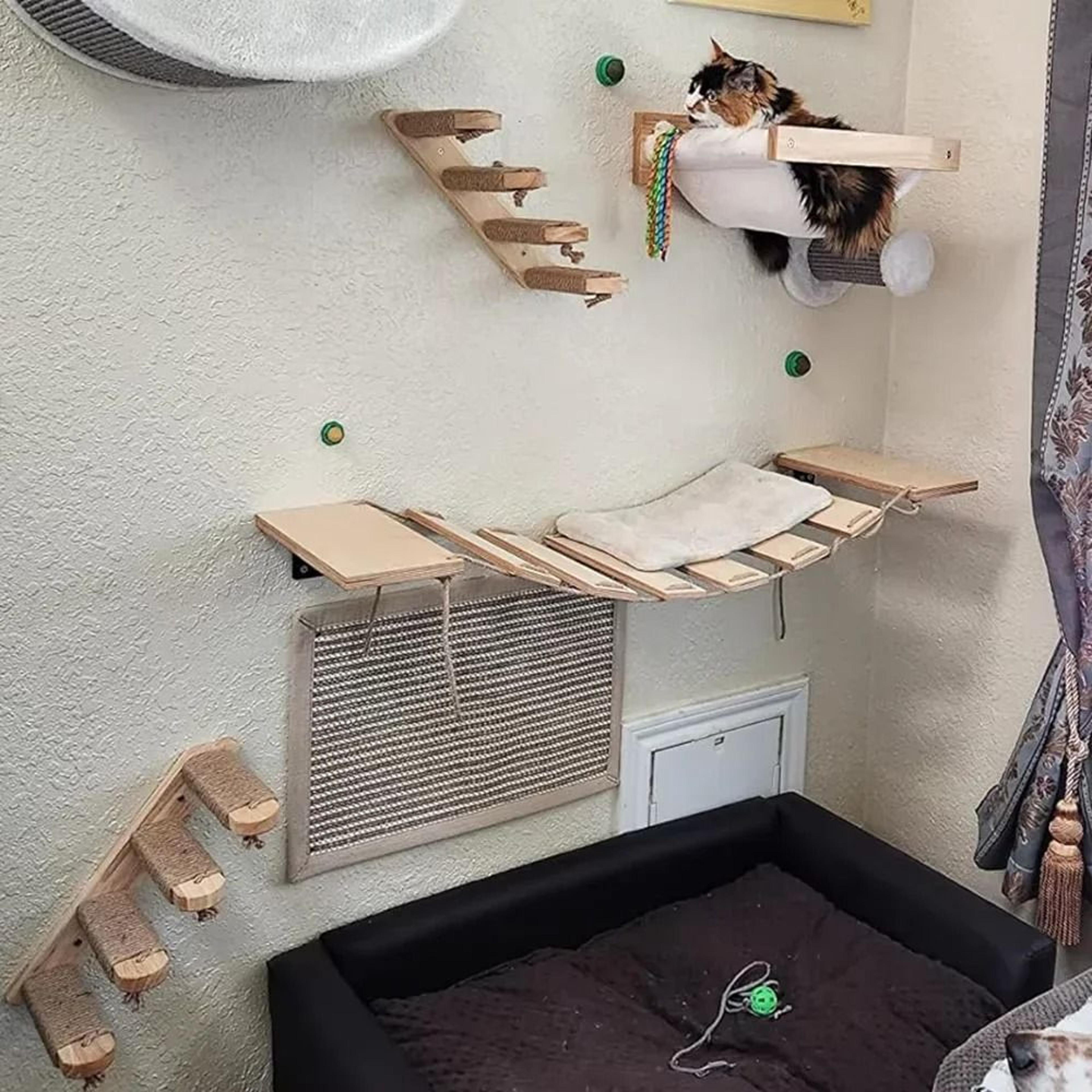 Wall Mounted Cat Climbing Shelves With Sisal Scratching Post And Hammock 16