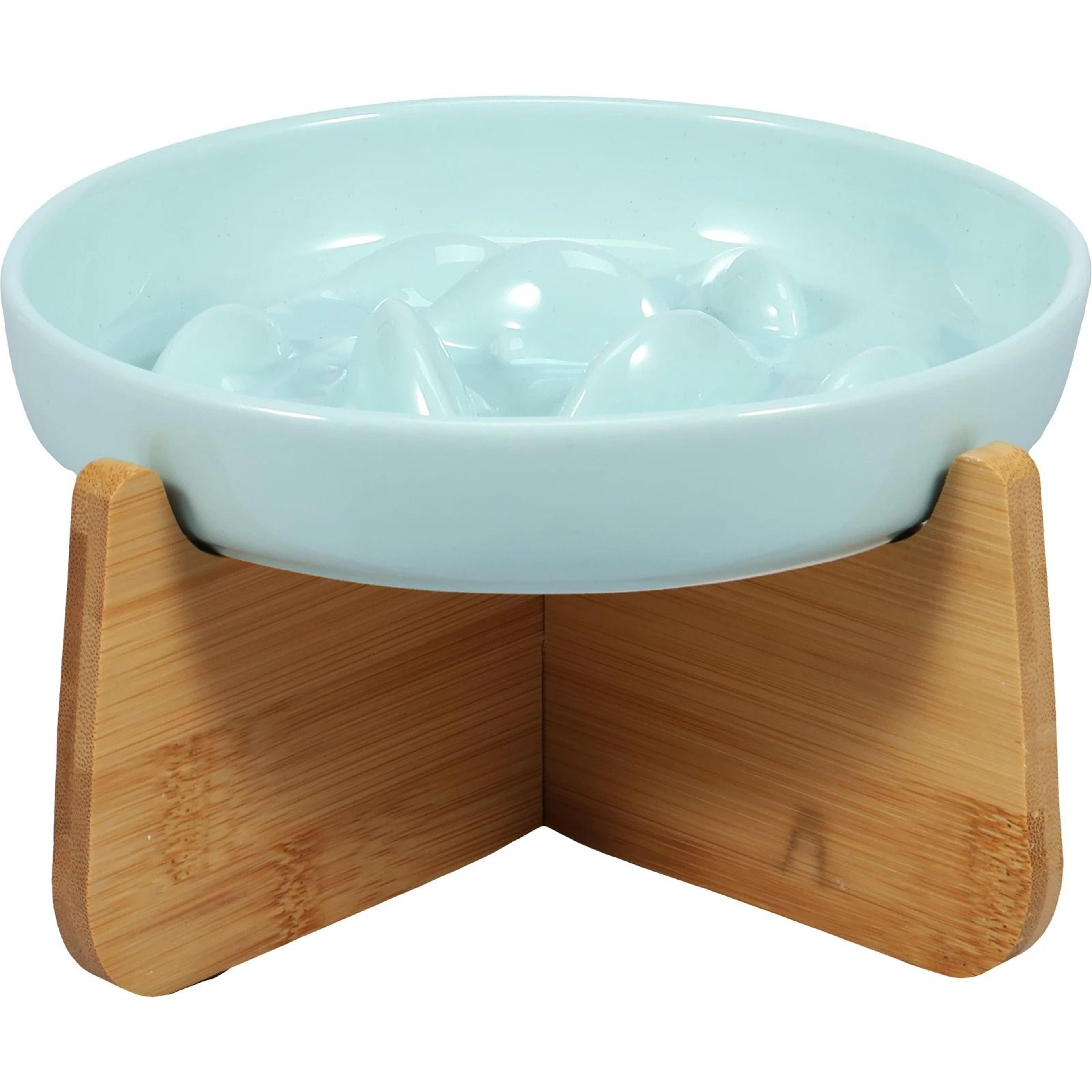 Raised Ceramic Cat Bowl With Wood Stand Slow Feeder For Comfortable Non Slip Feeding 3