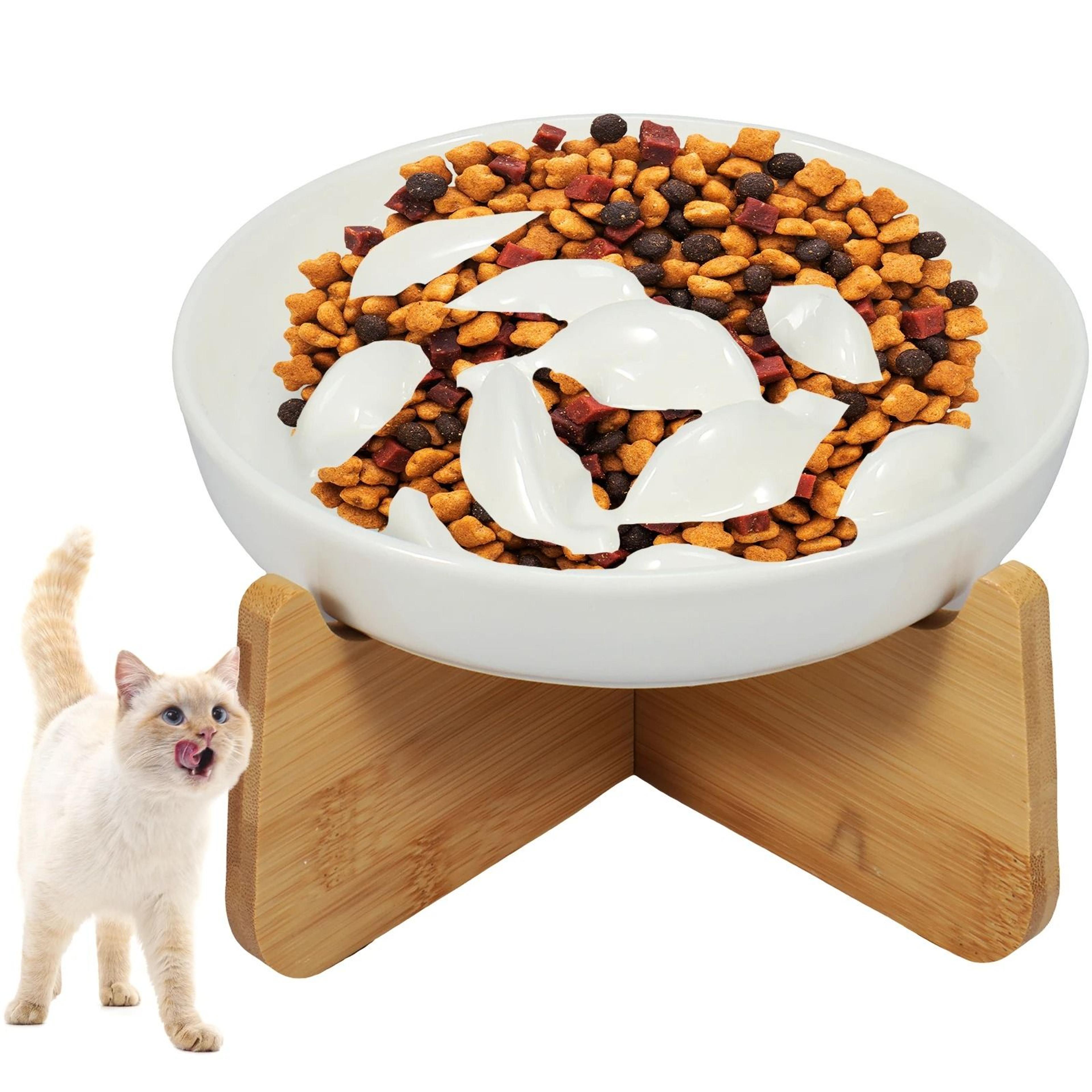 Raised Ceramic Cat Bowl With Wood Stand Slow Feeder For Comfortable Non Slip Feeding 0