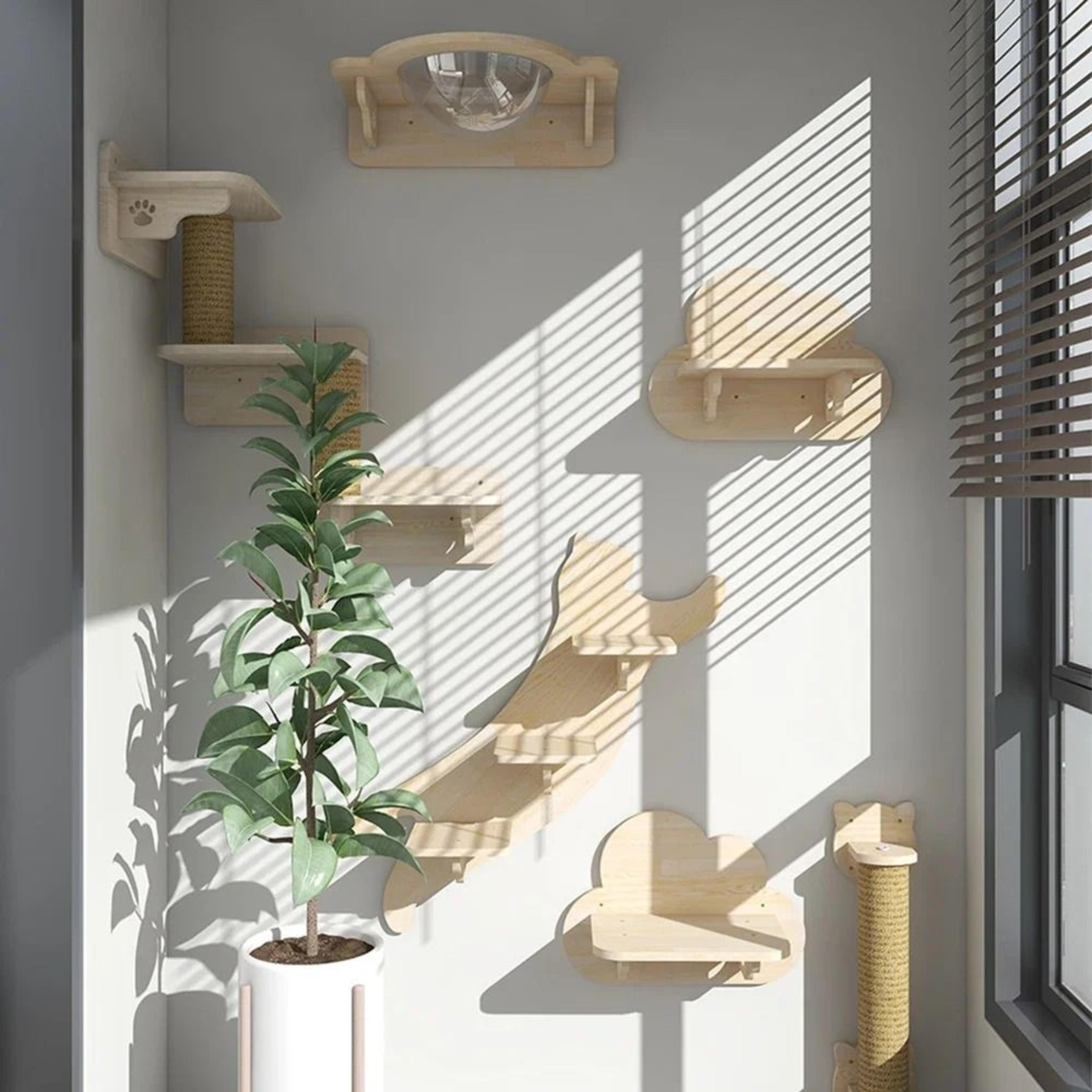 Wall Mounted Cat Climbing Shelves With Hammock Steps And Wooden Jumping Platforms 16