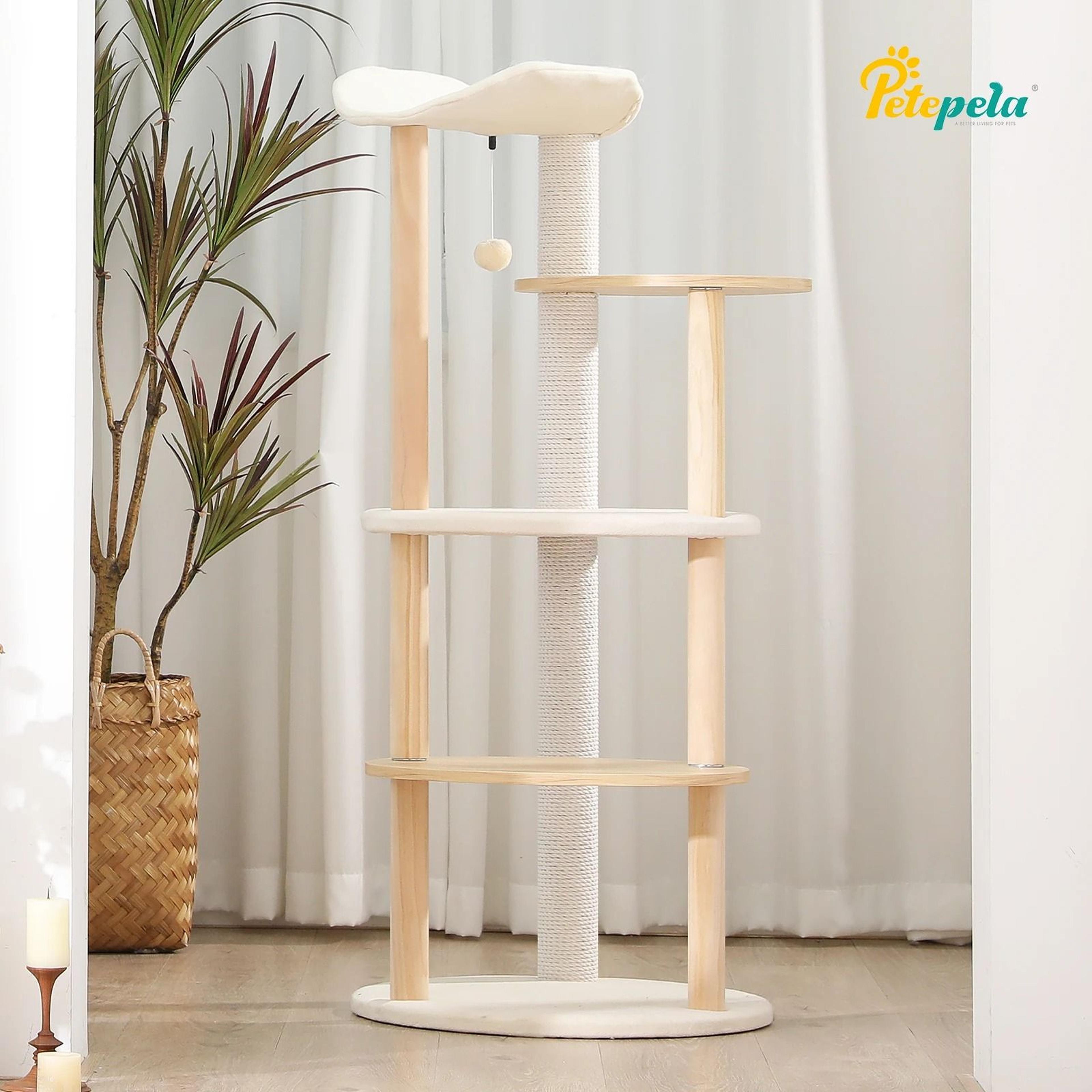 modern wooden cat tree tower with condo and scratching post